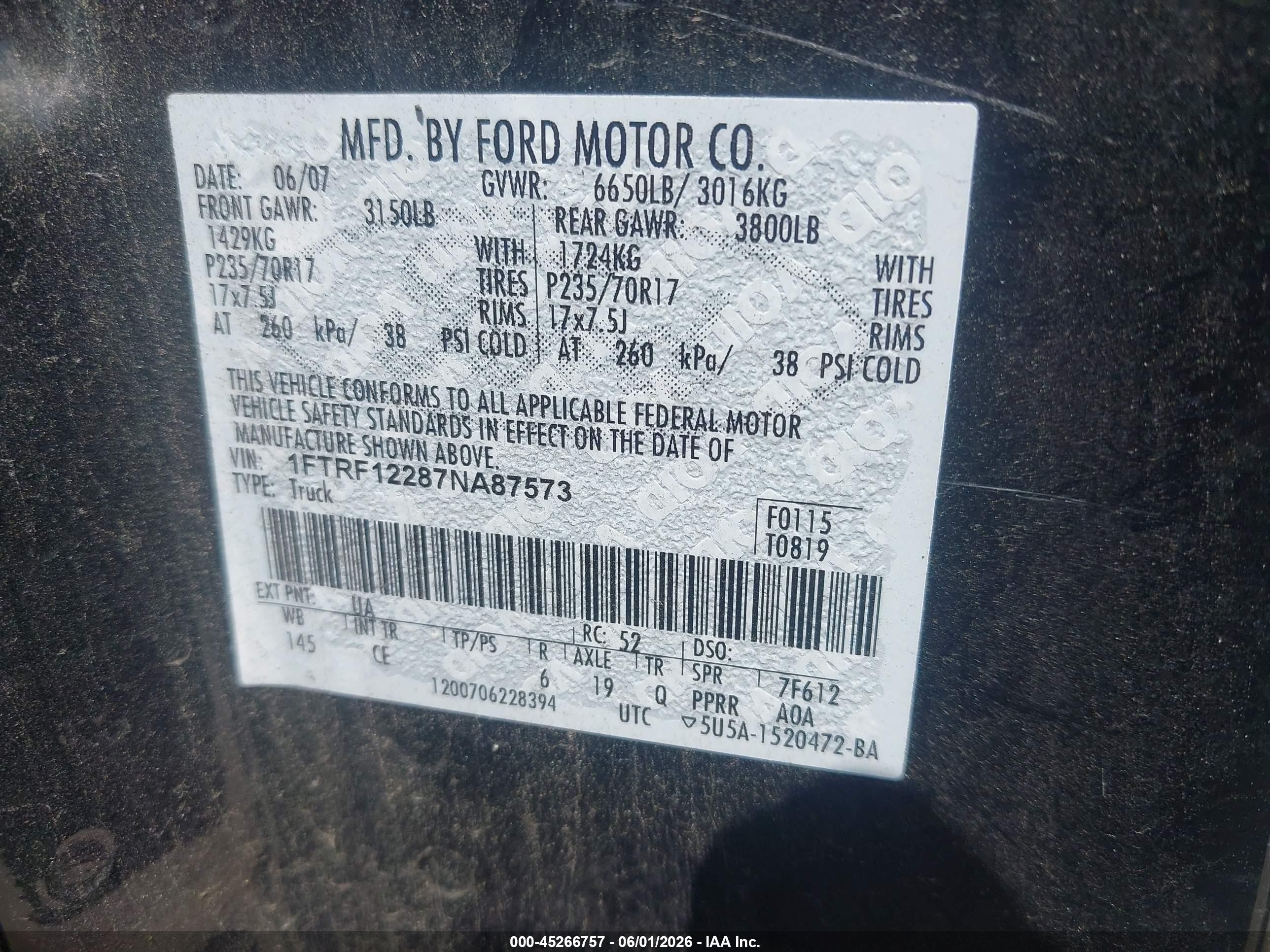 2007 Ford F-150 Stx/xl/xlt Black vin: 1FTRF12287NA87573