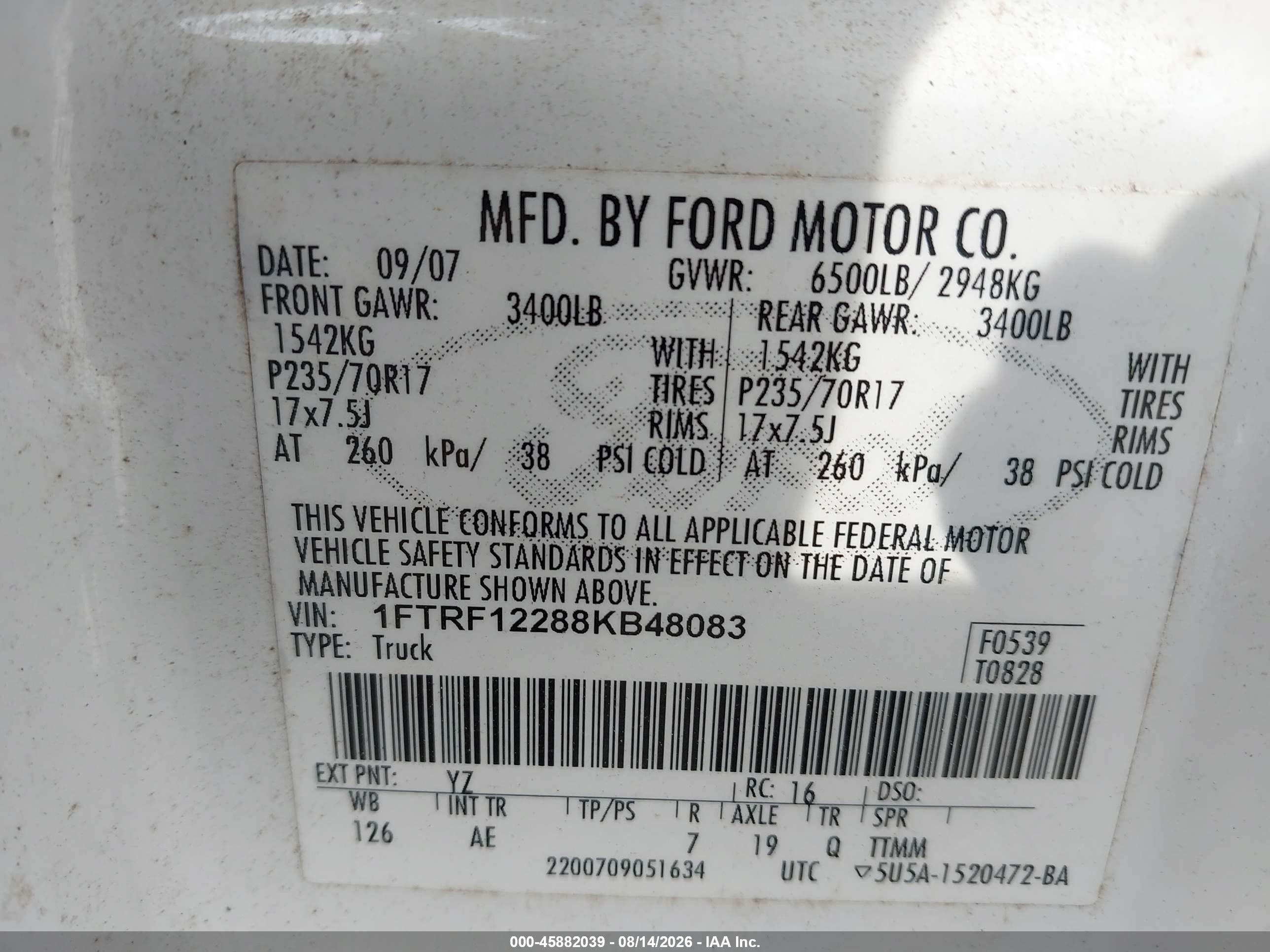 2008 Ford F150   Белый vin: 1FTRF12288KB48083