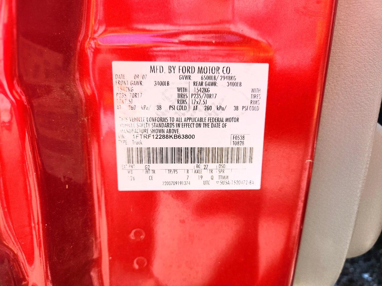 2008 Ford F150 Red vin: 1FTRF12288KB63800