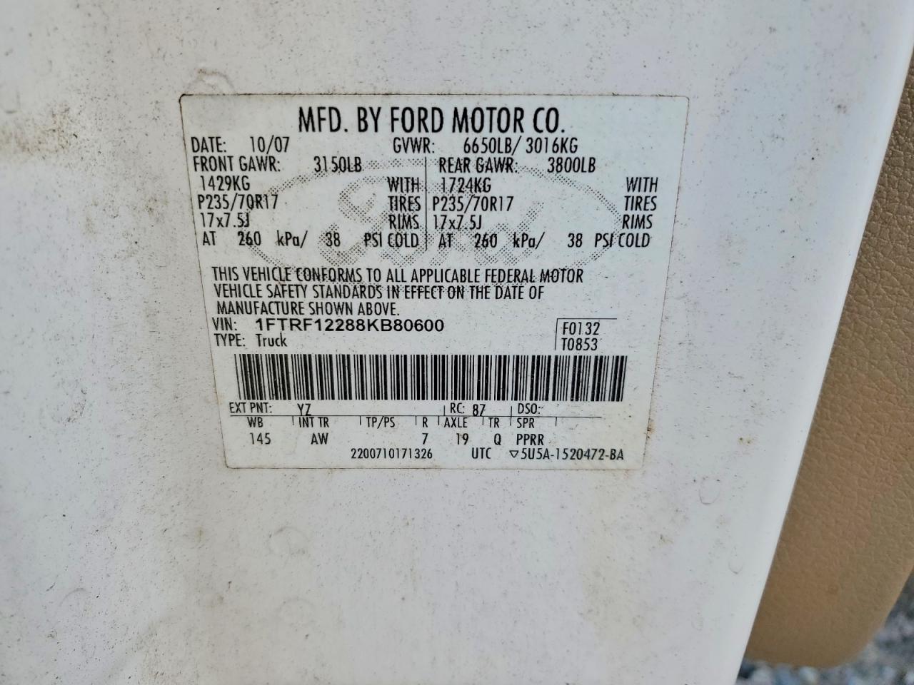 2008 Ford F150 Xl White vin: 1FTRF12288KB80600