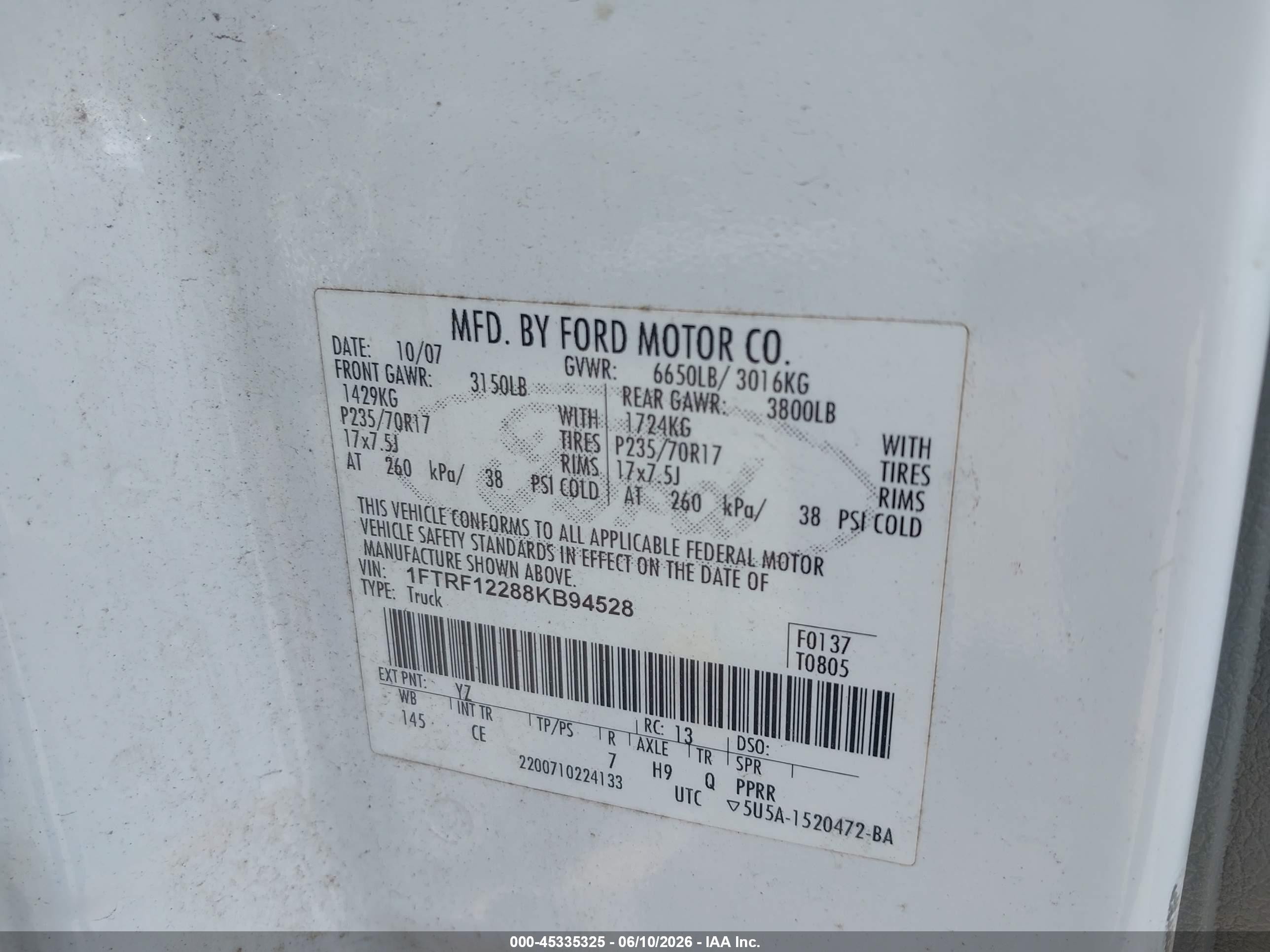2008 Ford F-150 Stx/xl/xlt White vin: 1FTRF12288KB94528