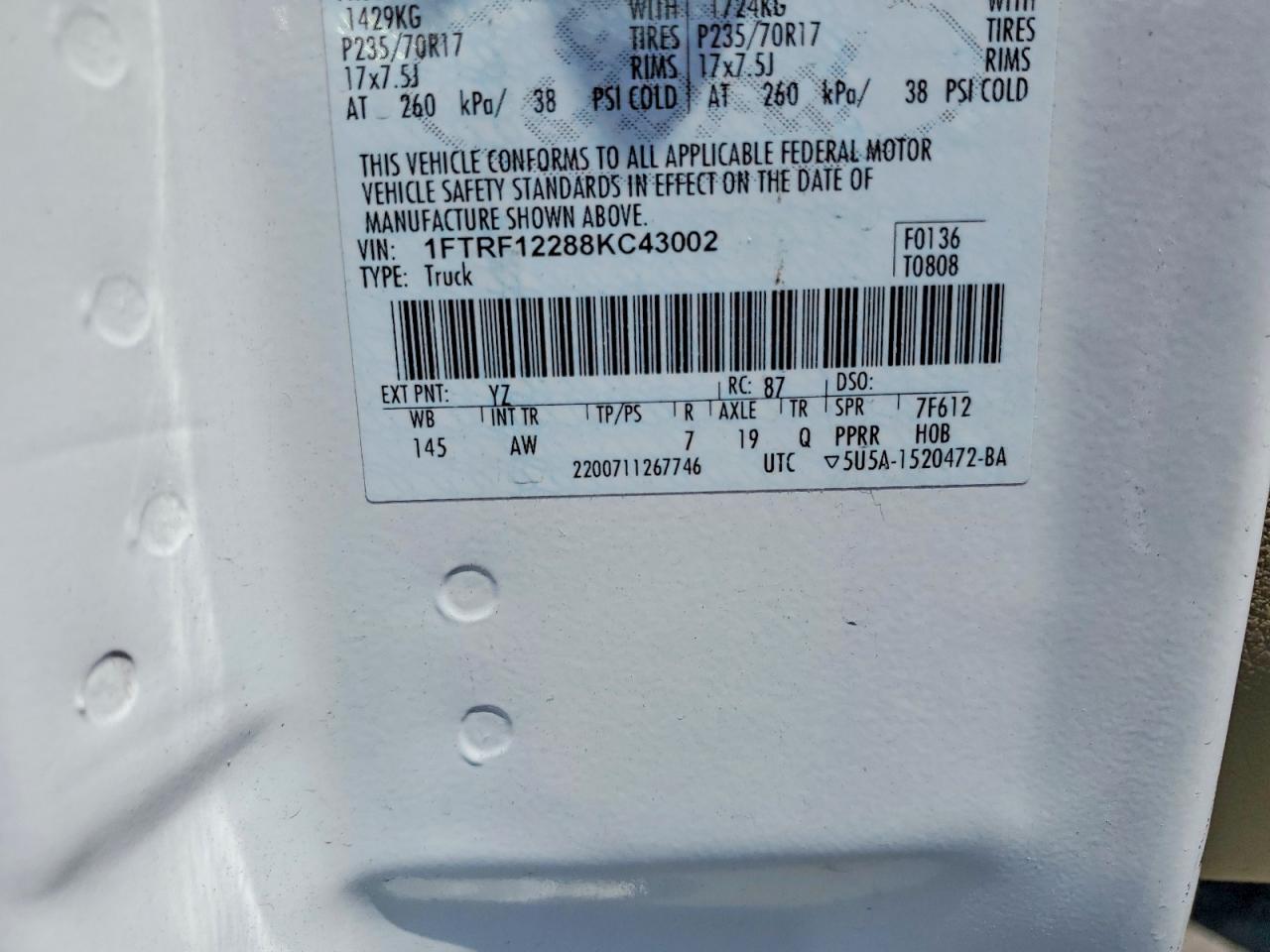 2008 Ford F150 White vin: 1FTRF12288KC43002