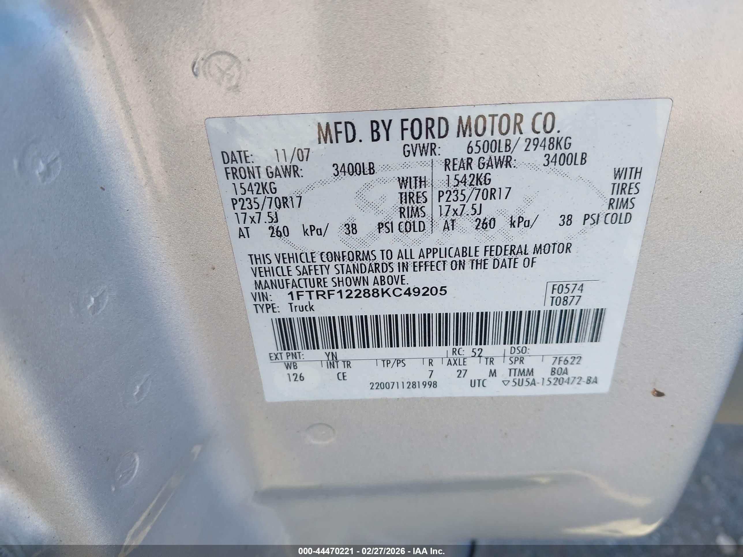 2008 Ford F-150 Stx/xl/xlt Silver vin: 1FTRF12288KC49205