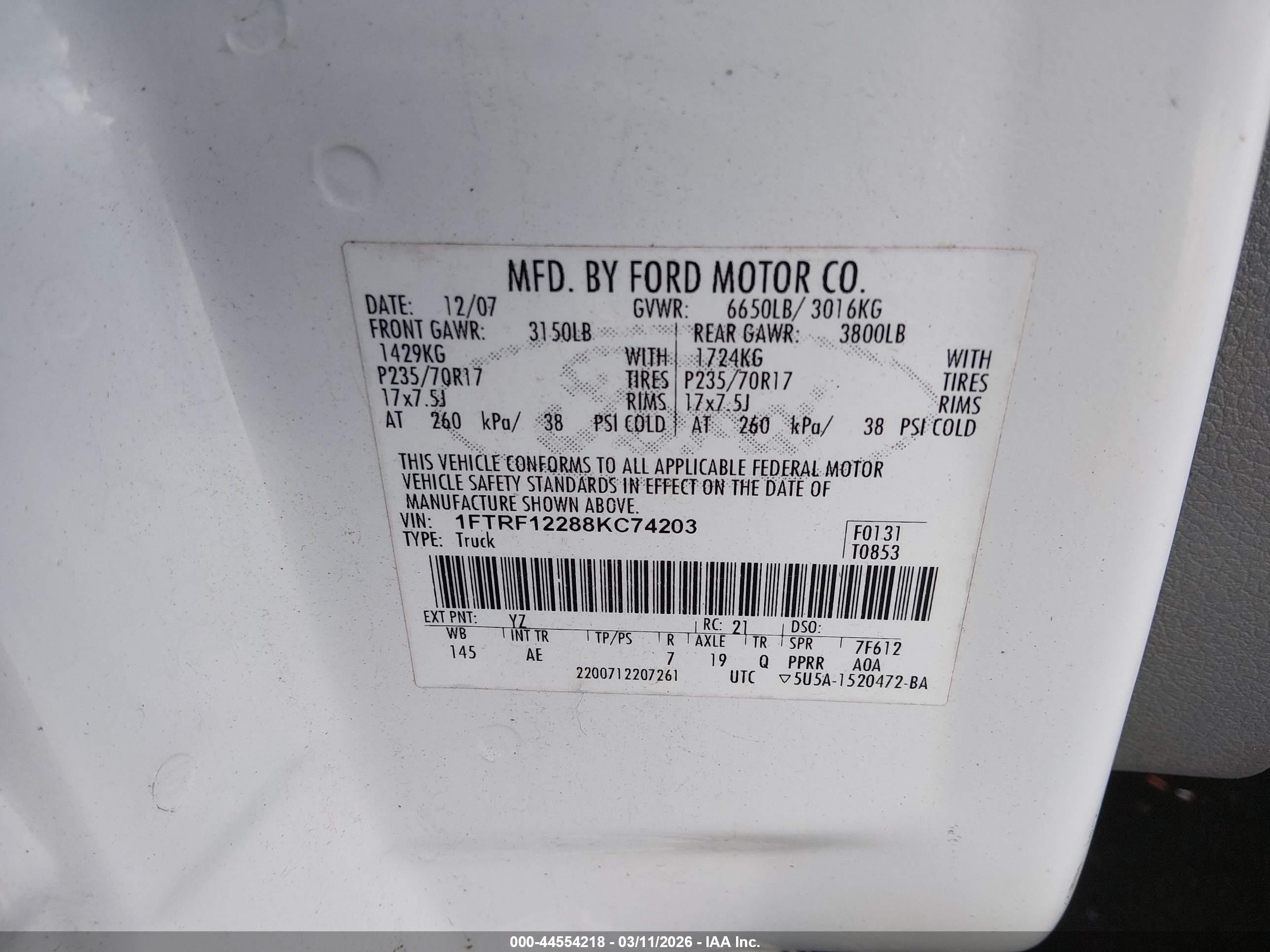 2008 Ford F-150 Stx/xl/xlt White vin: 1FTRF12288KC74203