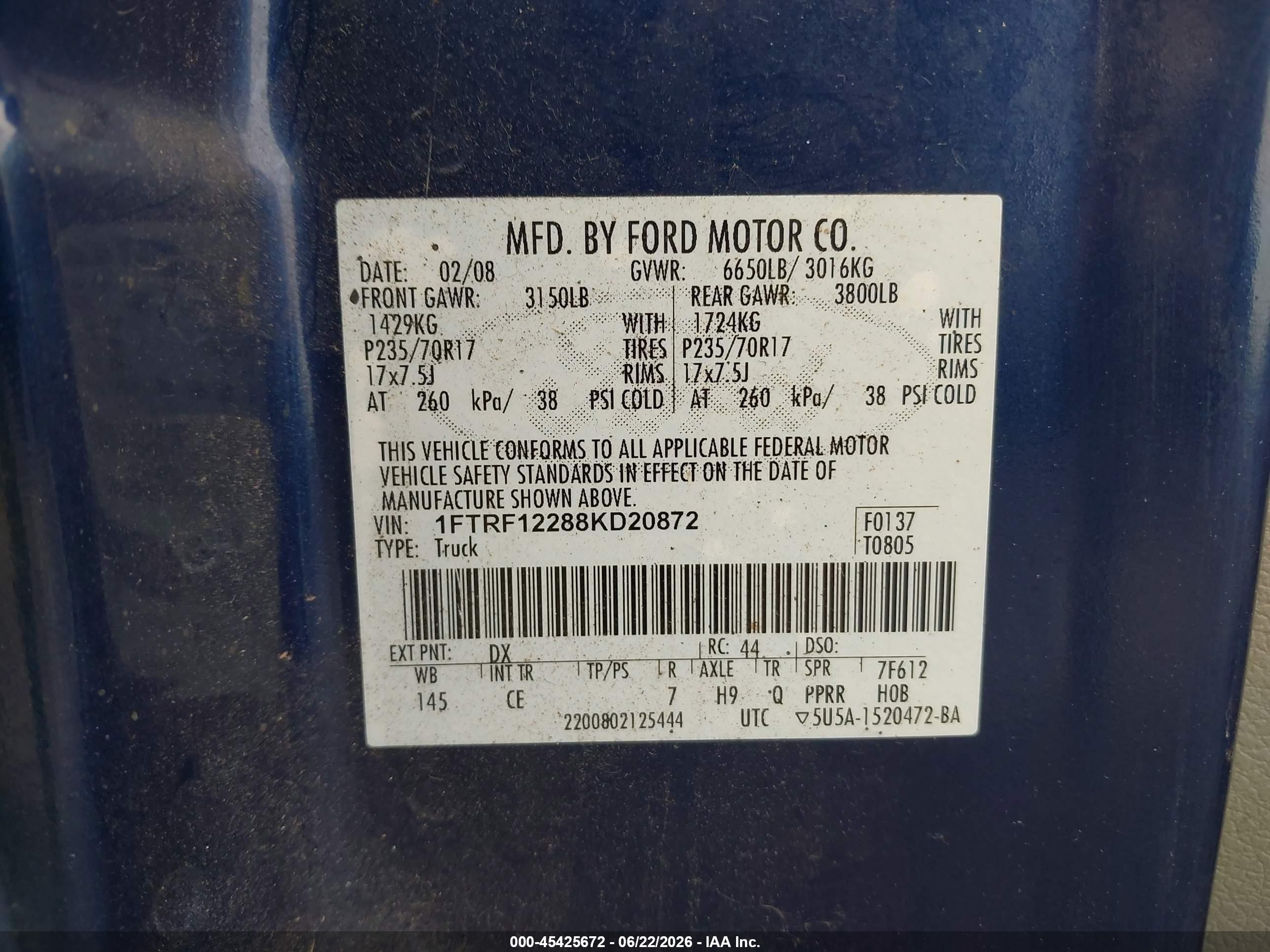 2008 Ford F-150 Stx/xl/xlt Blue vin: 1FTRF12288KD20872