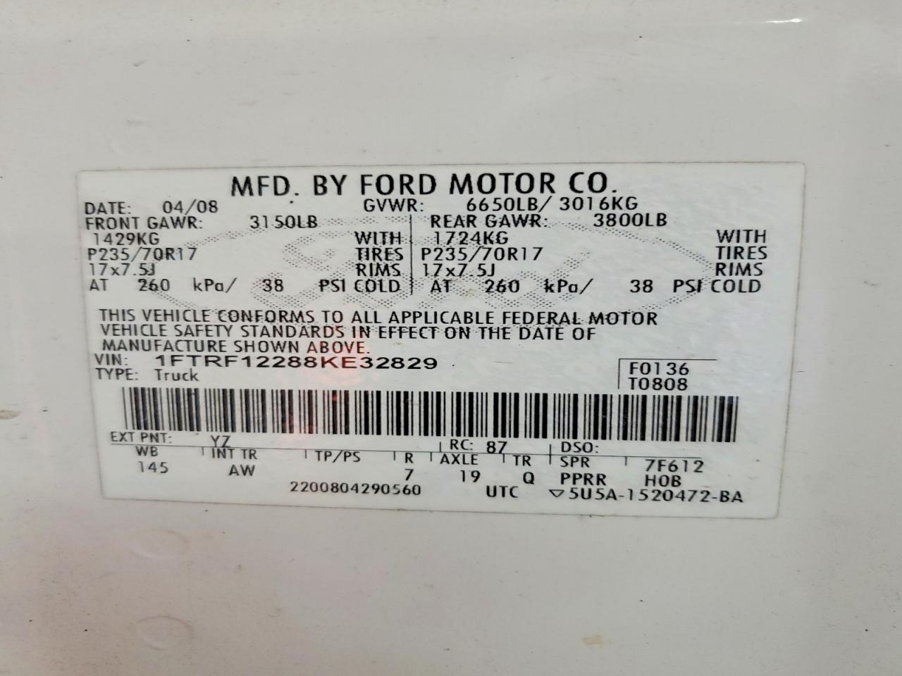 2008 Ford F150 White vin: 1FTRF12288KE32829