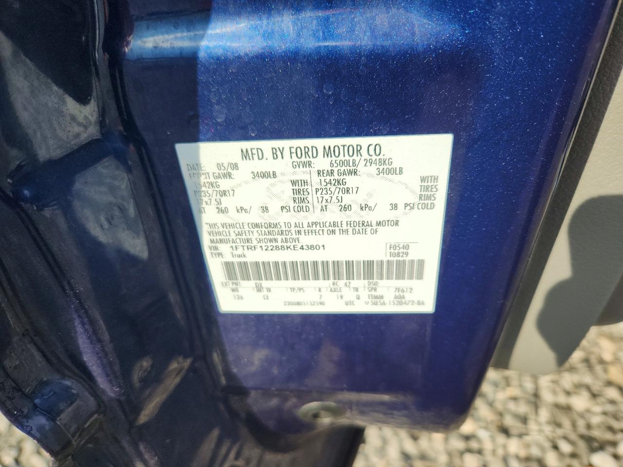 2008 Ford F150 Blue vin: 1FTRF12288KE43801