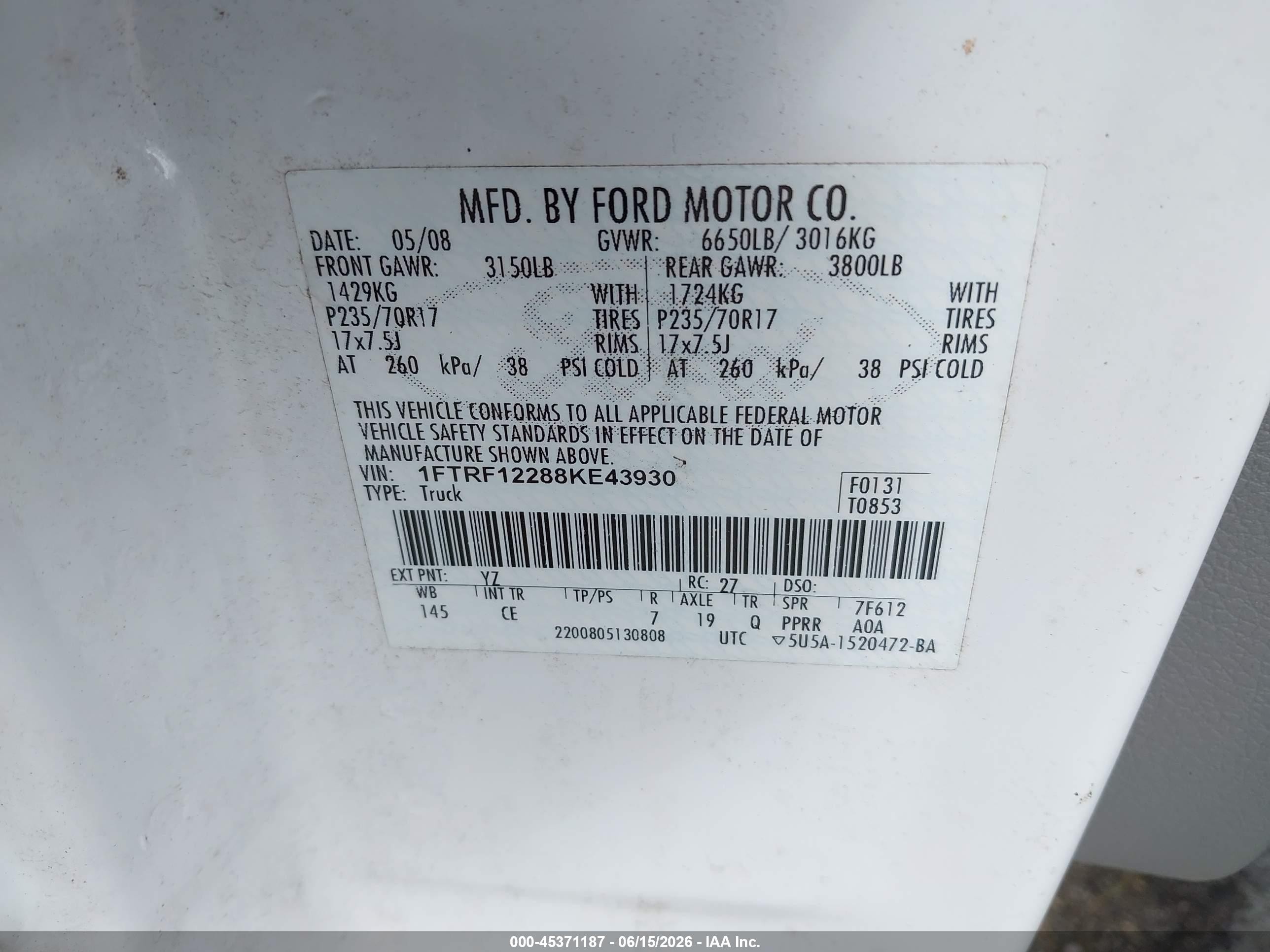 2008 Ford F-150 Stx/xl/xlt White vin: 1FTRF12288KE43930