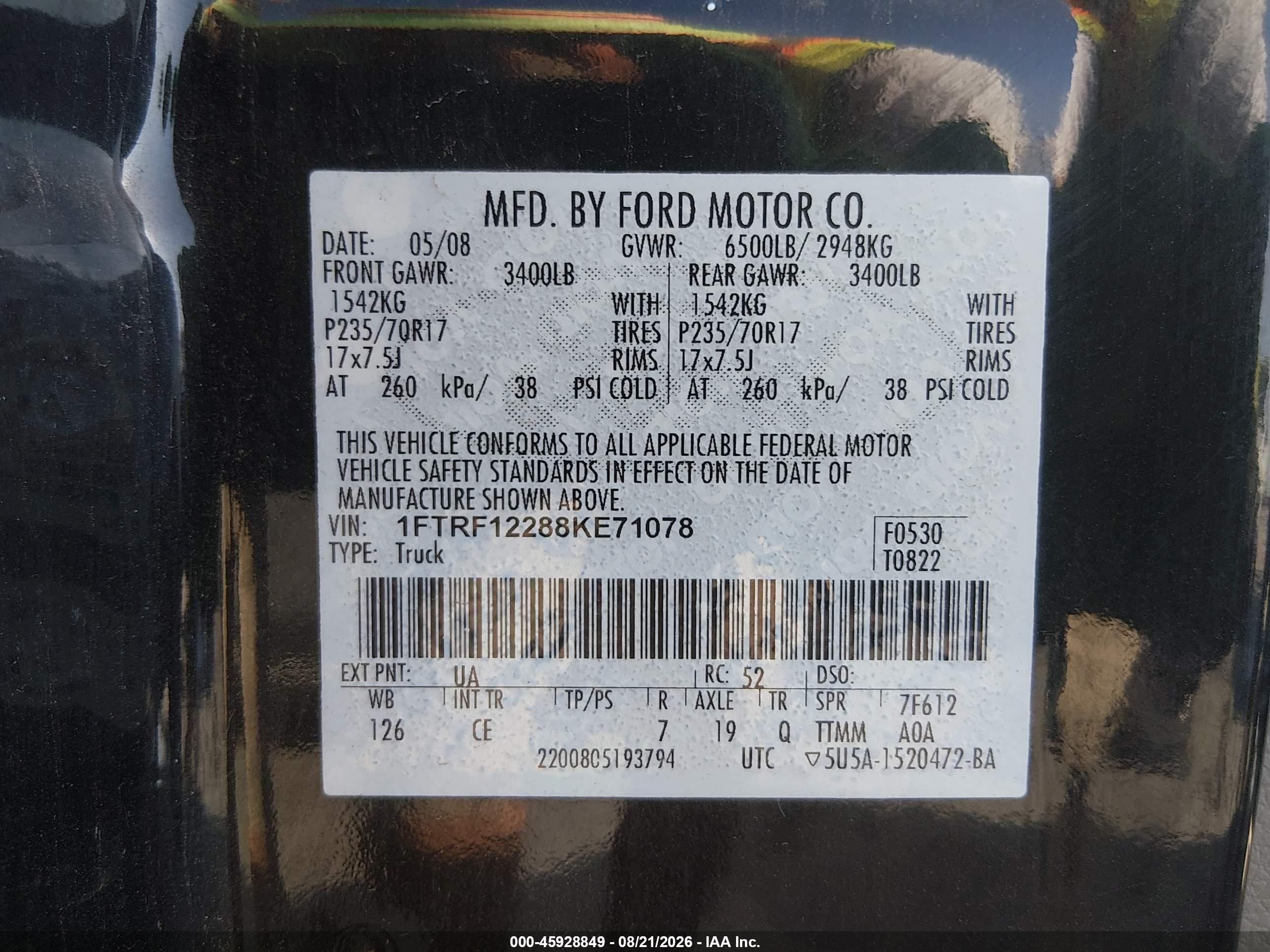 2008 Ford F-150 Stx/xl/xlt Black vin: 1FTRF12288KE71078
