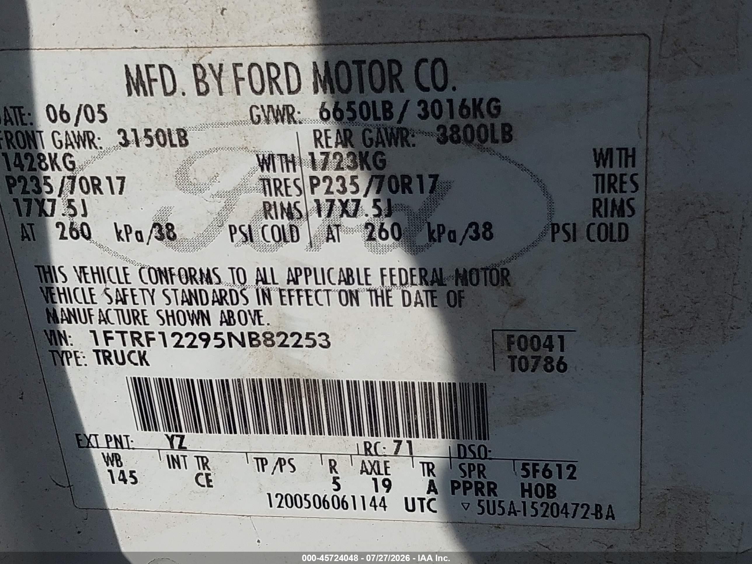 2005 Ford F-150 Stx/xl/xlt White vin: 1FTRF12295NB82253
