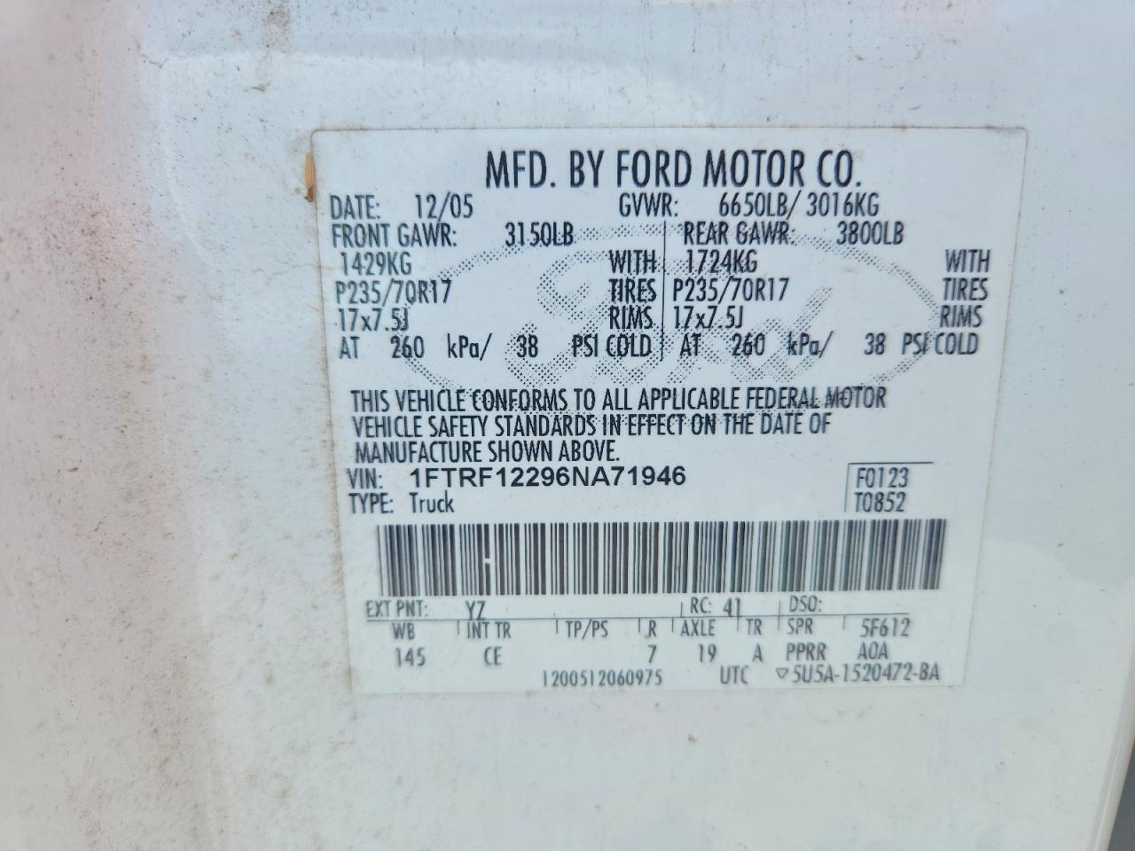 2006 Ford F150 White vin: 1FTRF12296NA71946