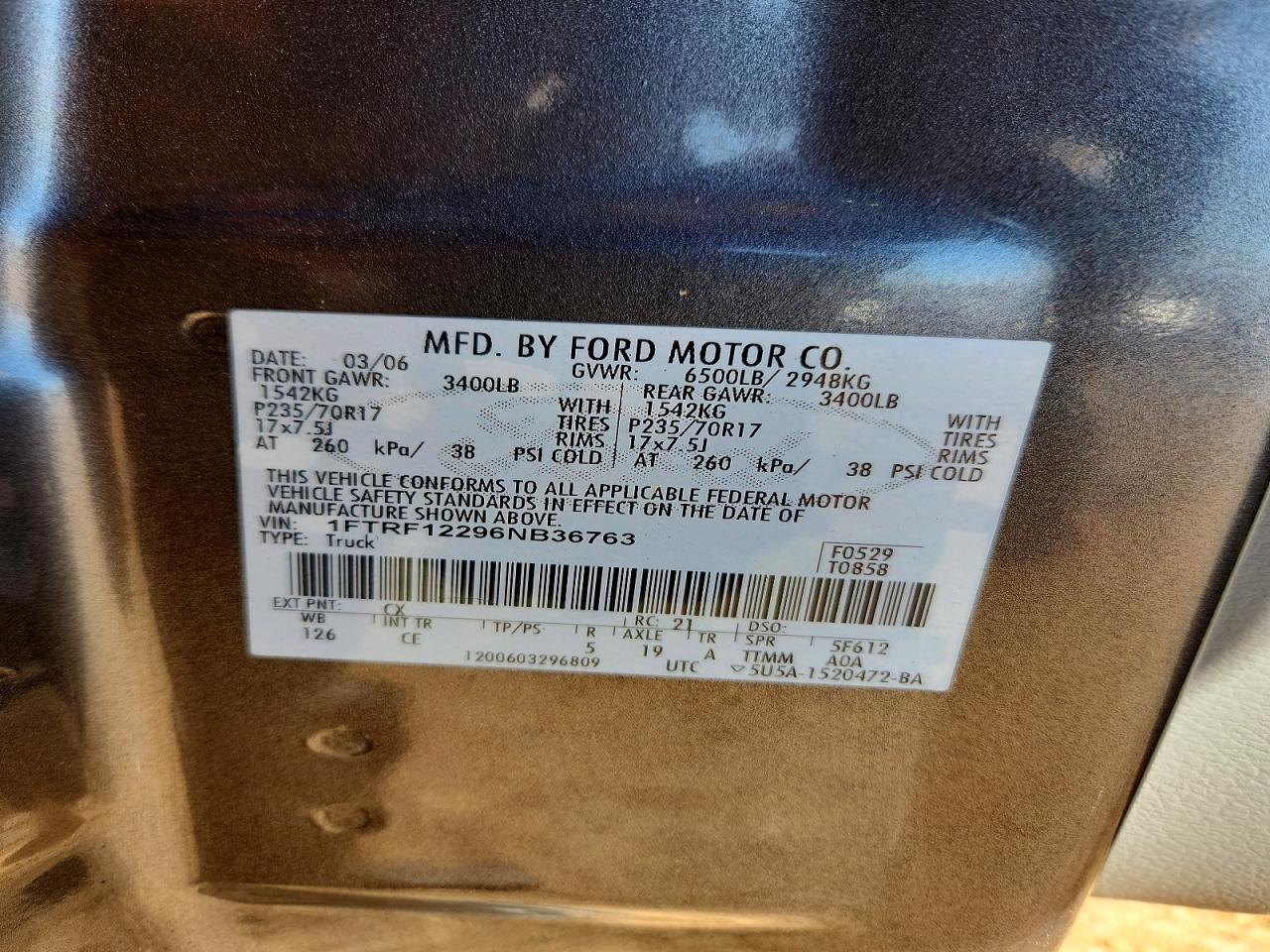 2006 Ford F150 Gray vin: 1FTRF12296NB36763