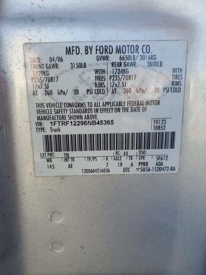 2006 Ford F150 Silver vin: 1FTRF12296NB45365