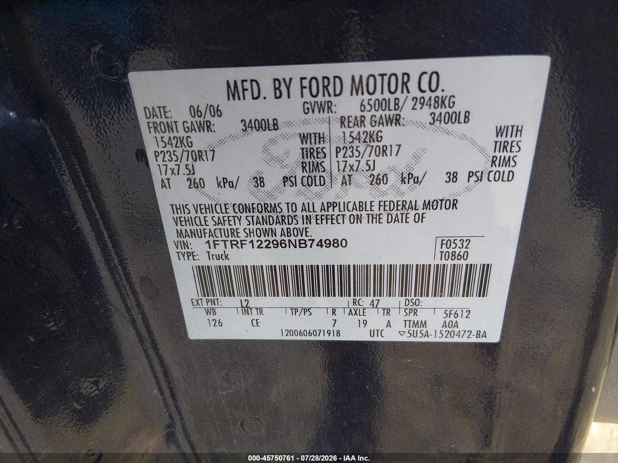 2006 Ford F-150 Stx/xl/xlt Dark Blue vin: 1FTRF12296NB74980