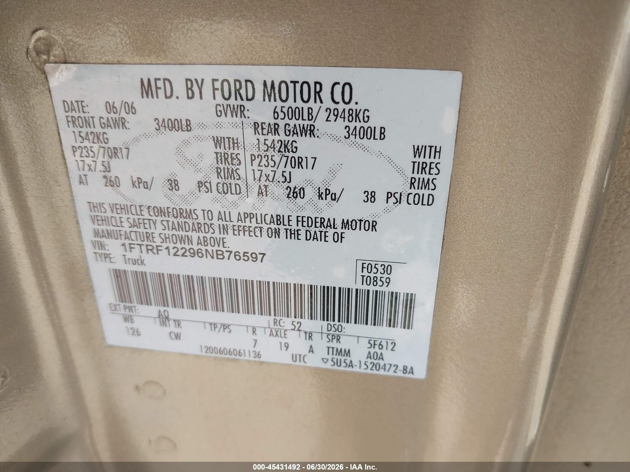 2006 Ford F-150 Stx/xl/xlt Tan vin: 1FTRF12296NB76597