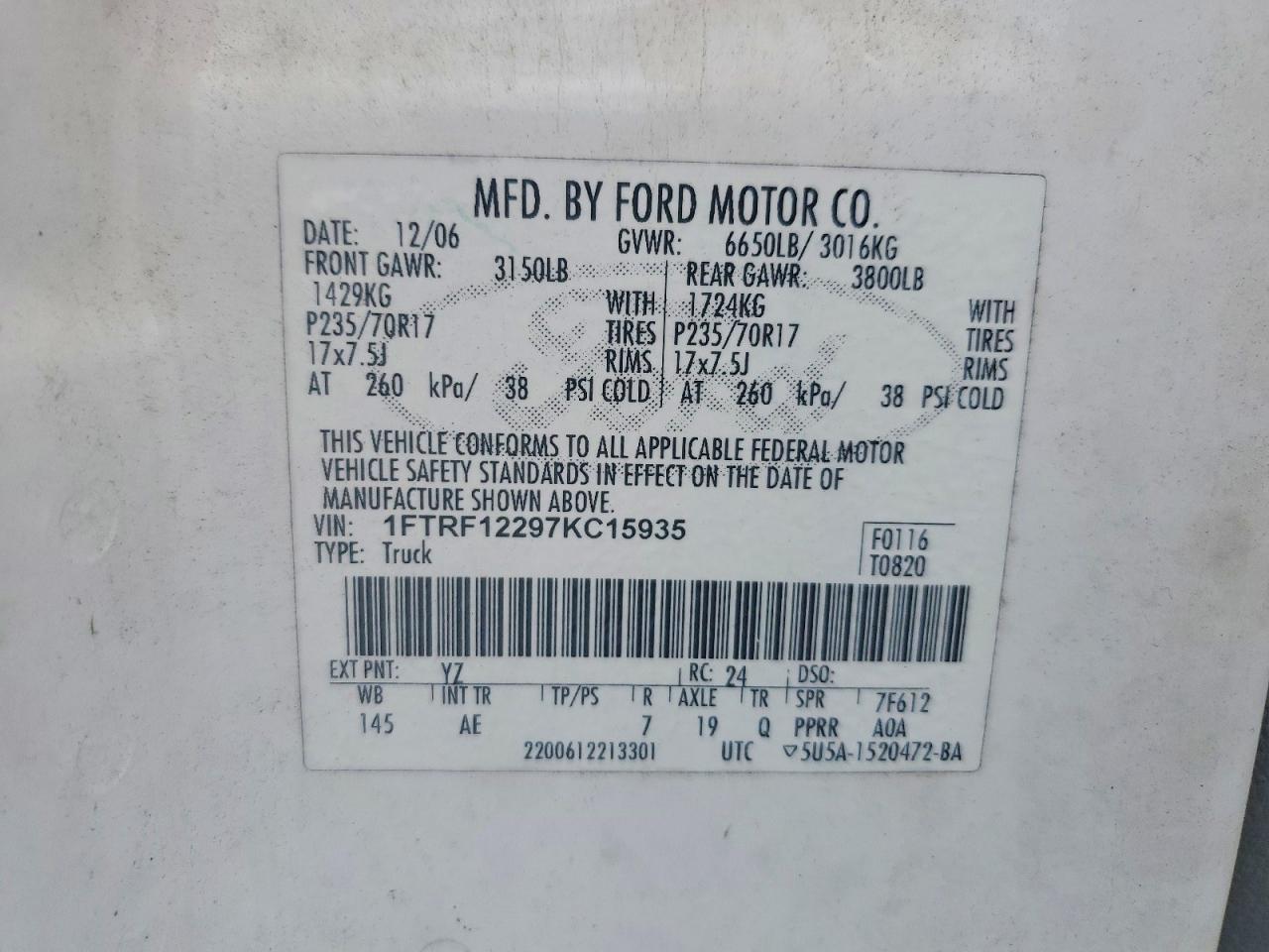 2007 Ford F150 White vin: 1FTRF12297KC15935