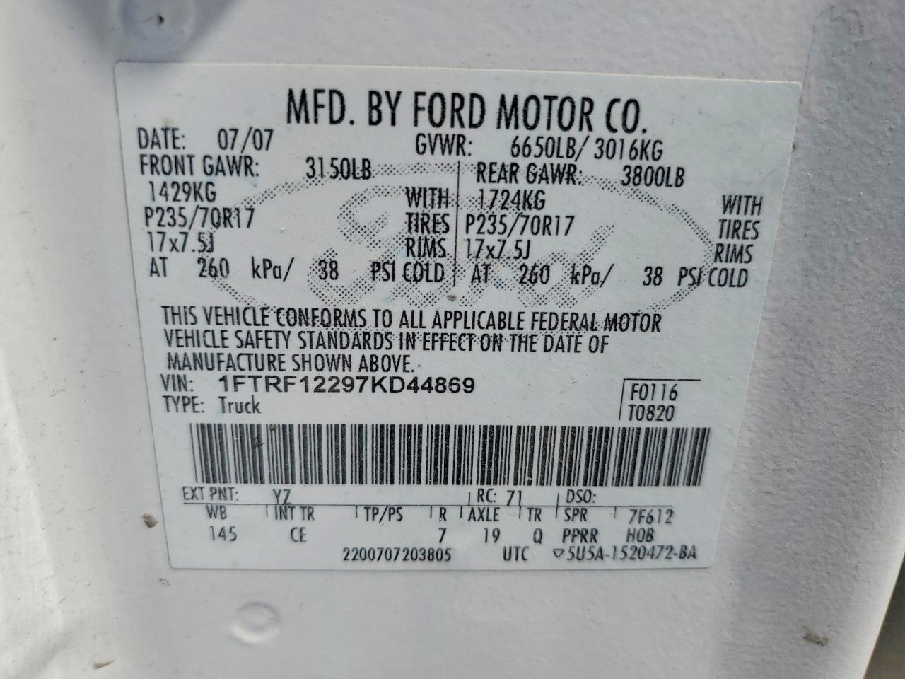 2007 Ford F150 White vin: 1FTRF12297KD44869