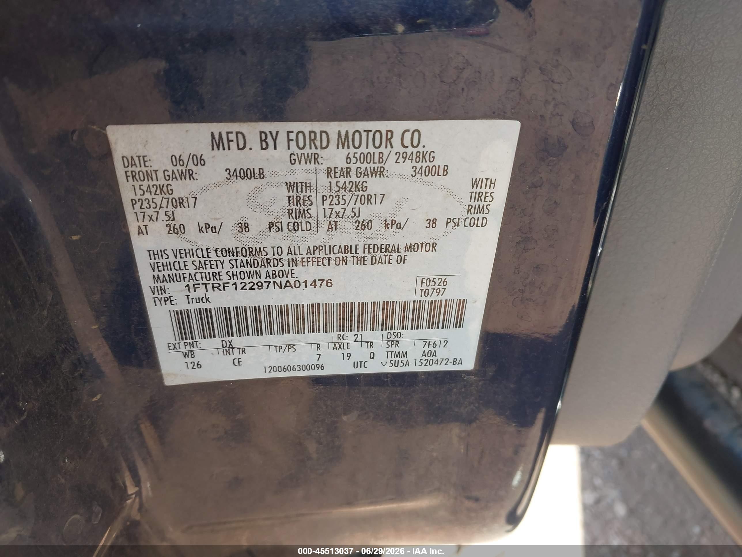 2007 Ford F-150 Stx/xl/xlt Blue vin: 1FTRF12297NA01476