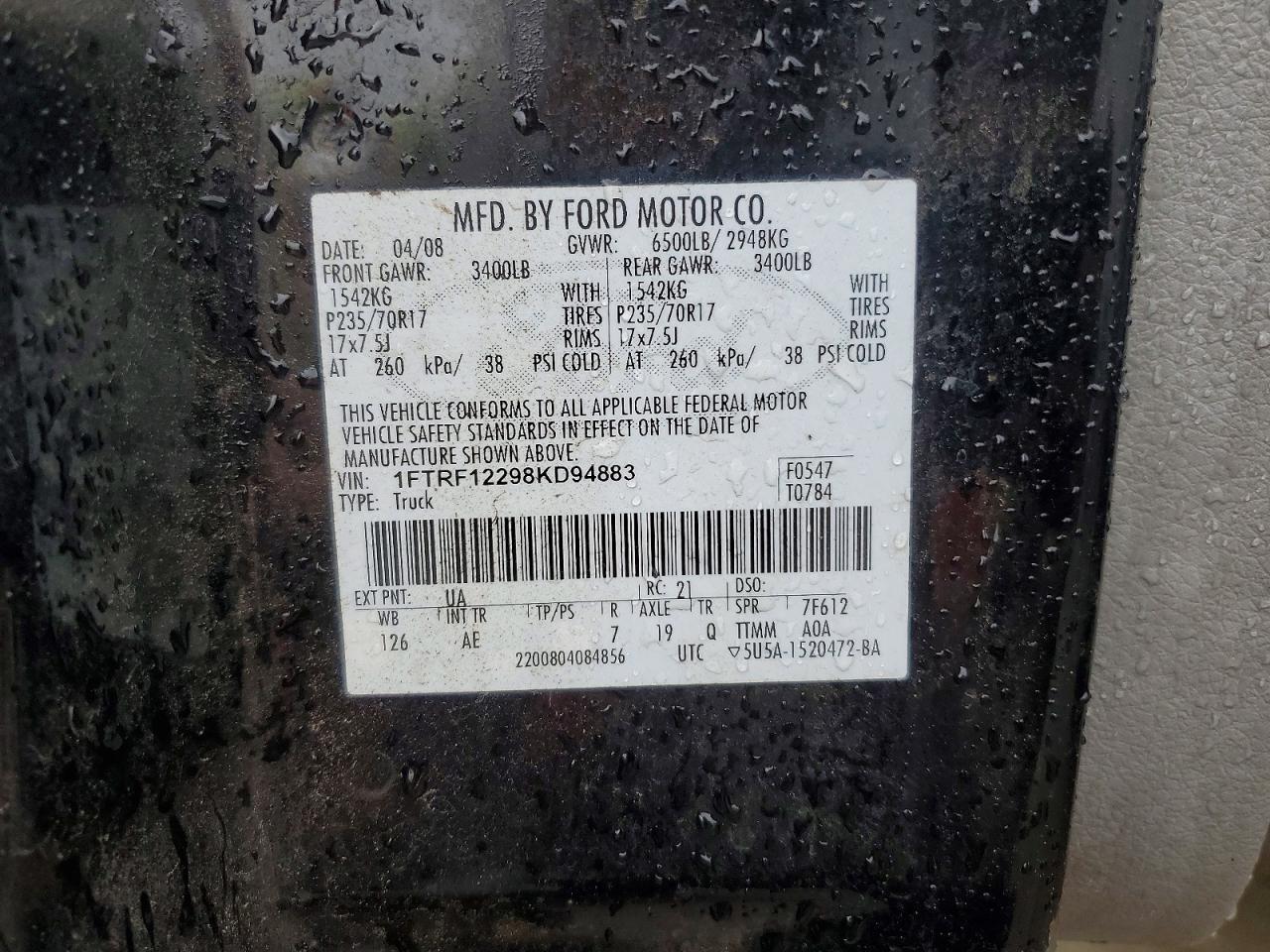 2008 Ford F150 Black vin: 1FTRF12298KD94883