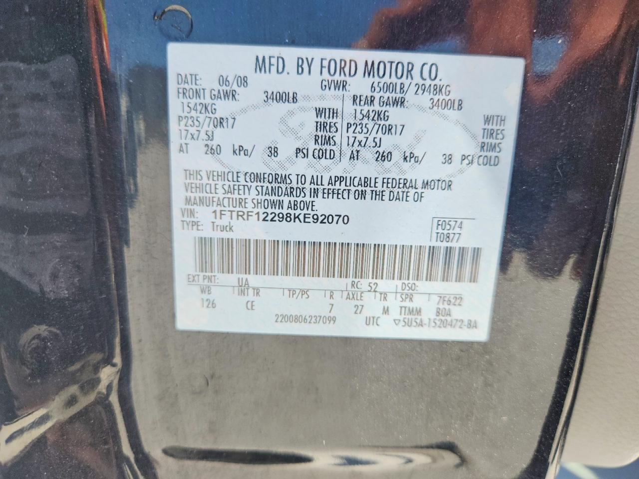 2008 Ford F150 Black vin: 1FTRF12298KE92070