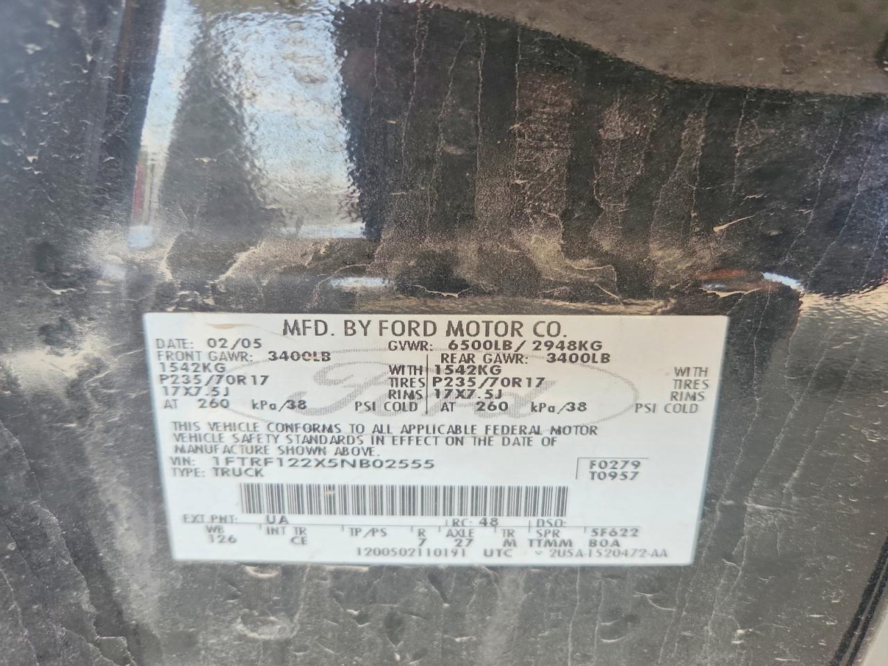 2005 Ford F150 Черный vin: 1FTRF122X5NB02555