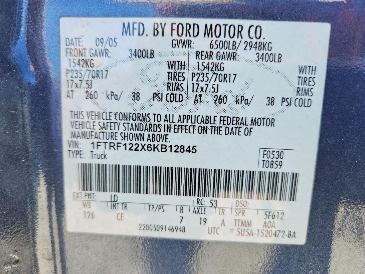 2006 Ford F150 Blue vin: 1FTRF122X6KB12845