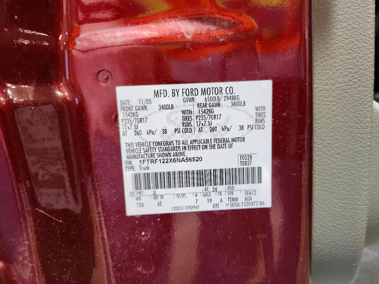2006 Ford F150 Red vin: 1FTRF122X6NA56520