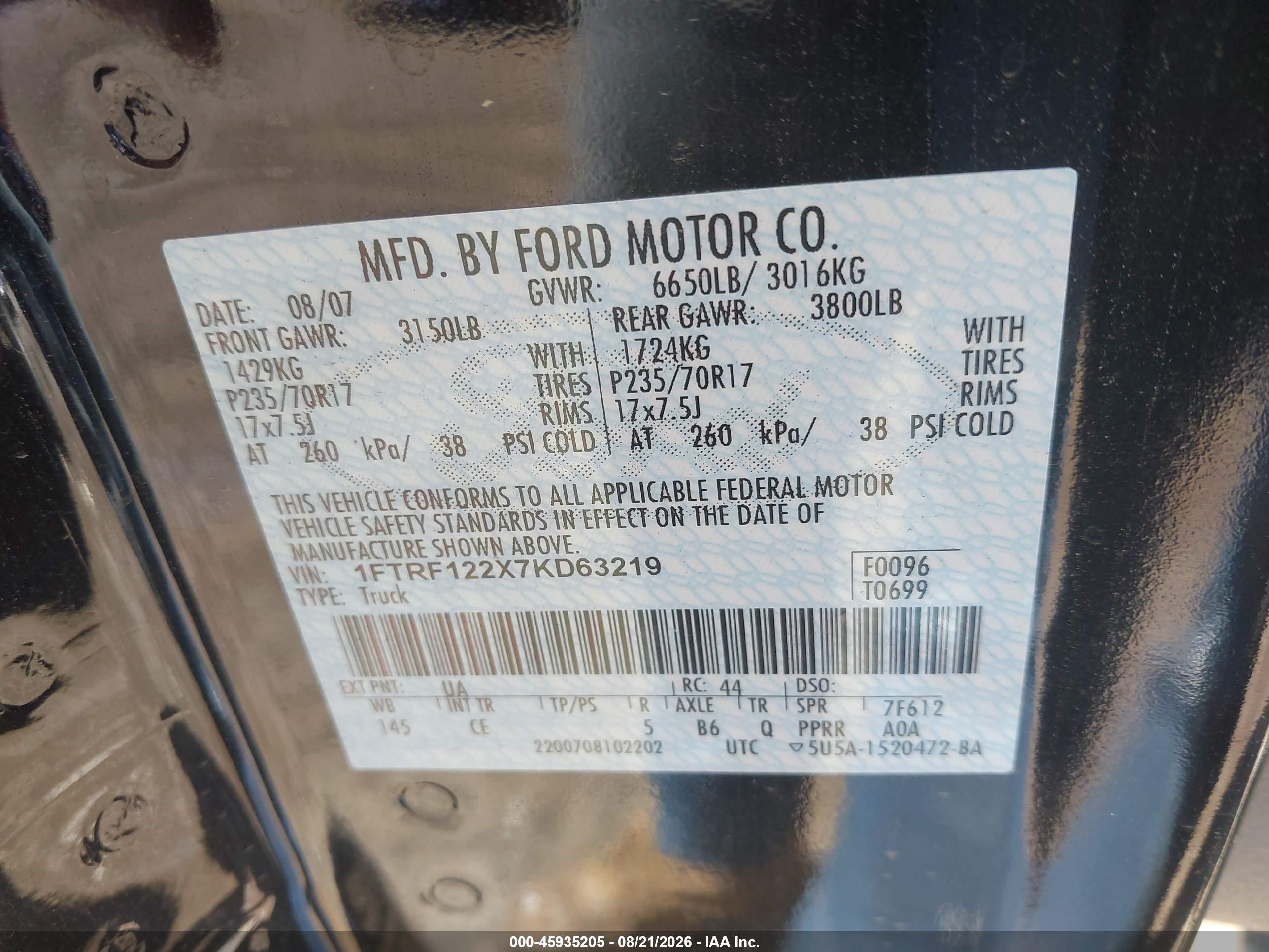 2007 Ford F-150 Stx/xl/xlt Black vin: 1FTRF122X7KD63219