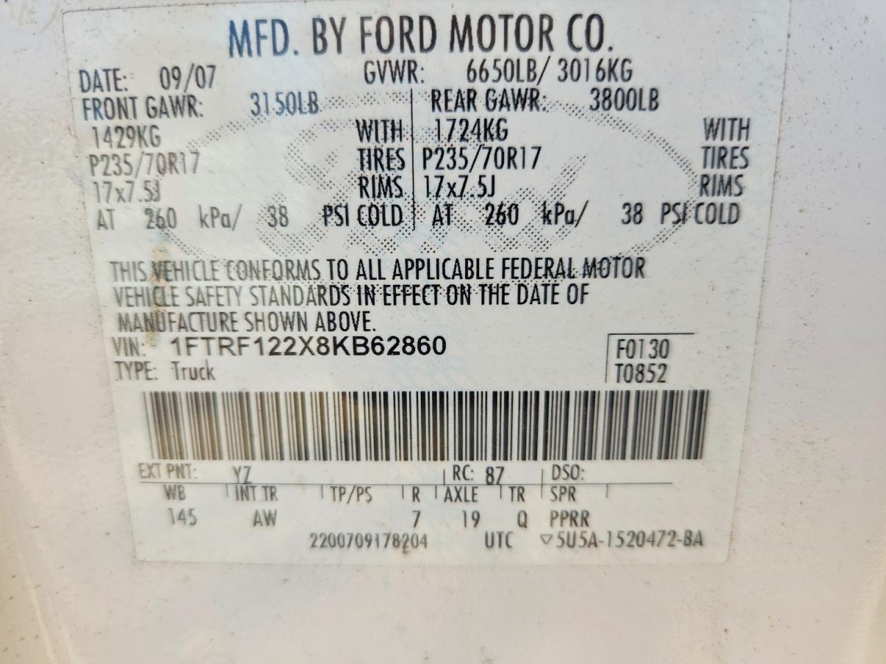 2008 Ford F150 White vin: 1FTRF122X8KB62860