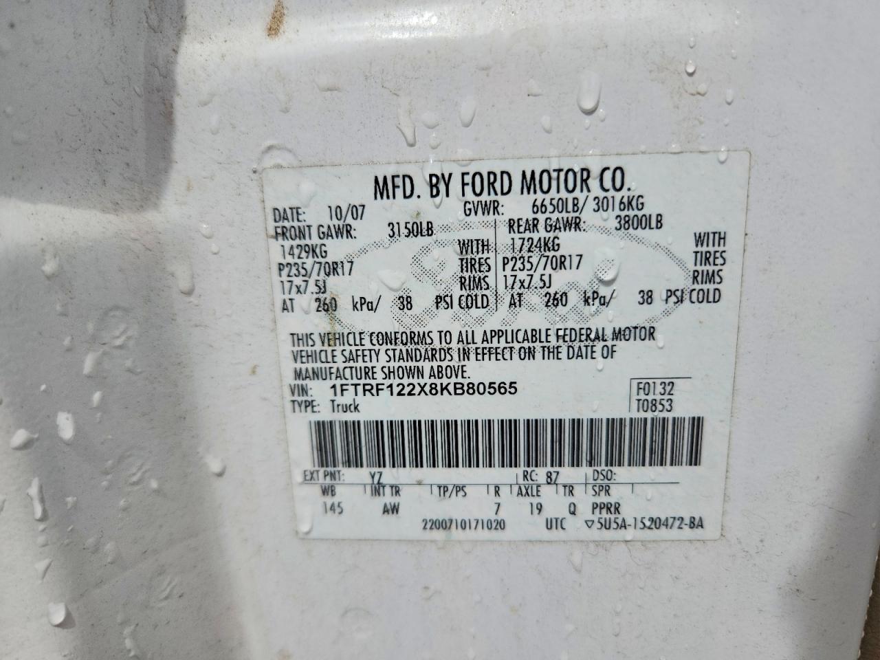 2008 Ford F150 White vin: 1FTRF122X8KB80565