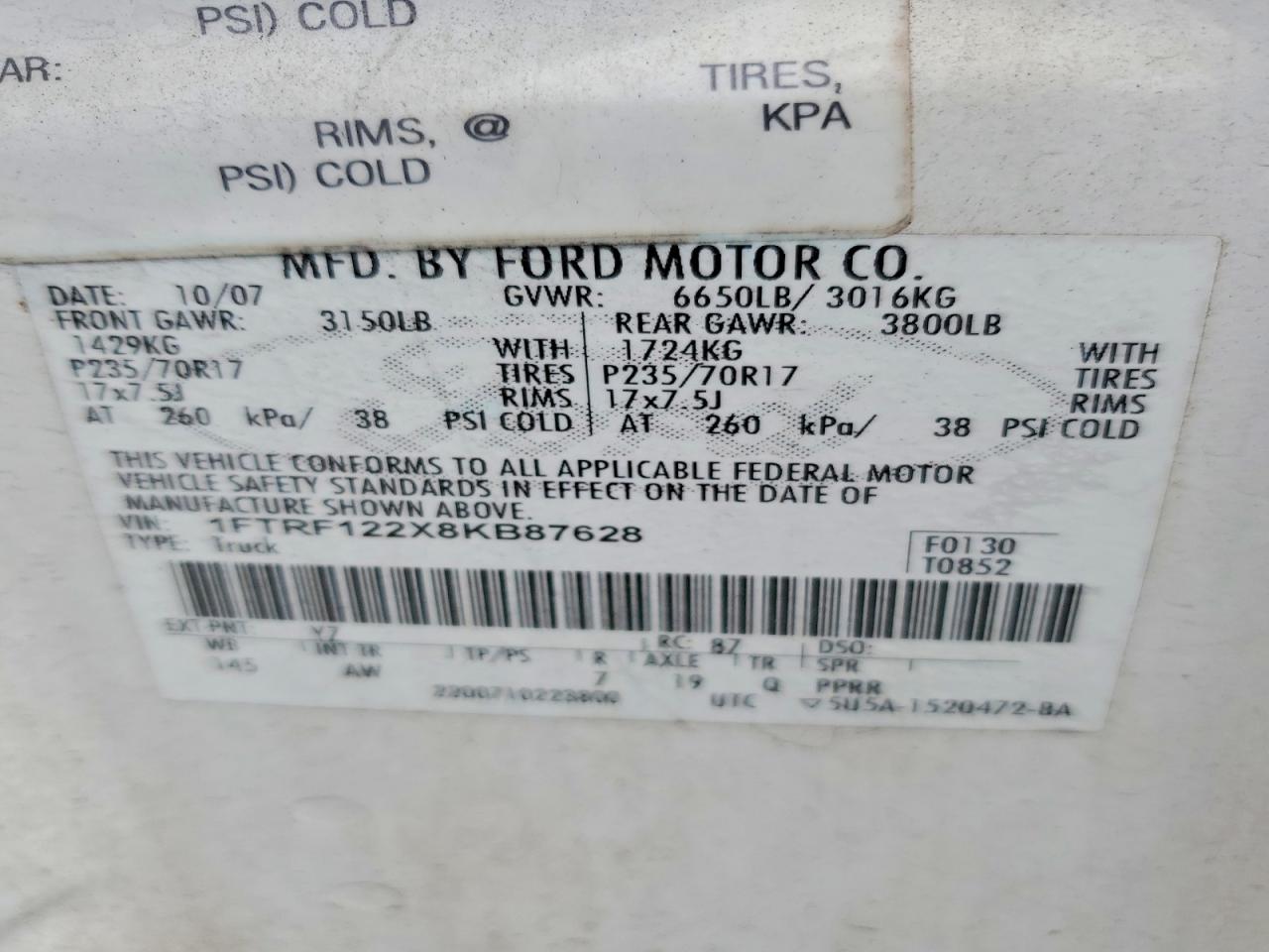 2008 Ford F150 White vin: 1FTRF122X8KB87628