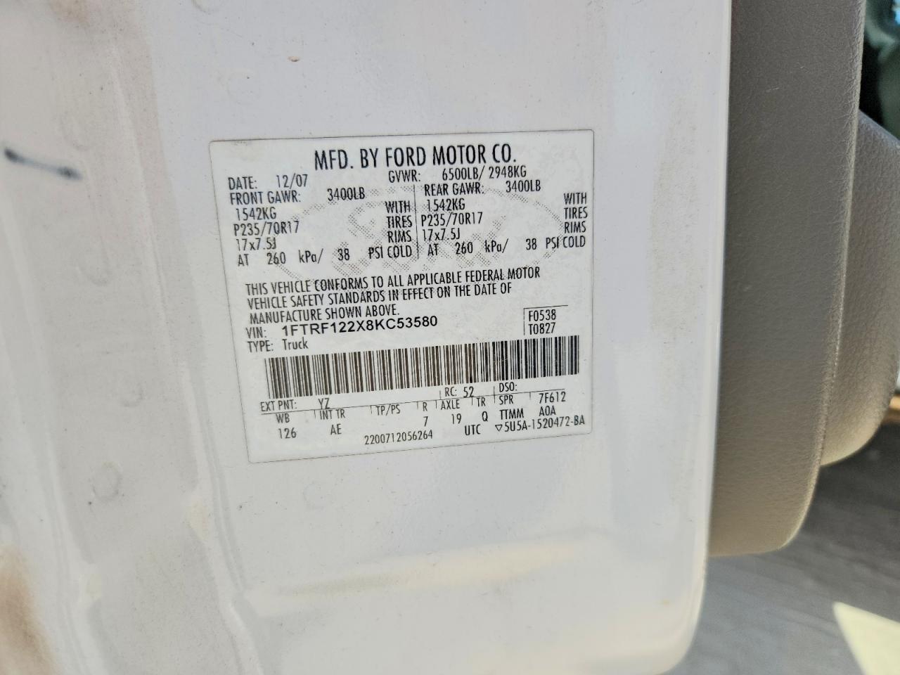 2008 Ford F150 White vin: 1FTRF122X8KC53580