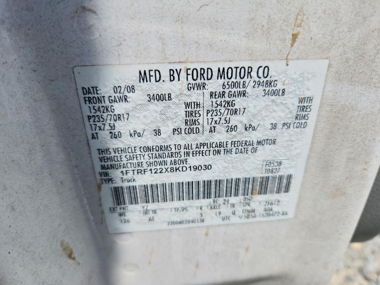 2008 Ford F150 White vin: 1FTRF122X8KD19030