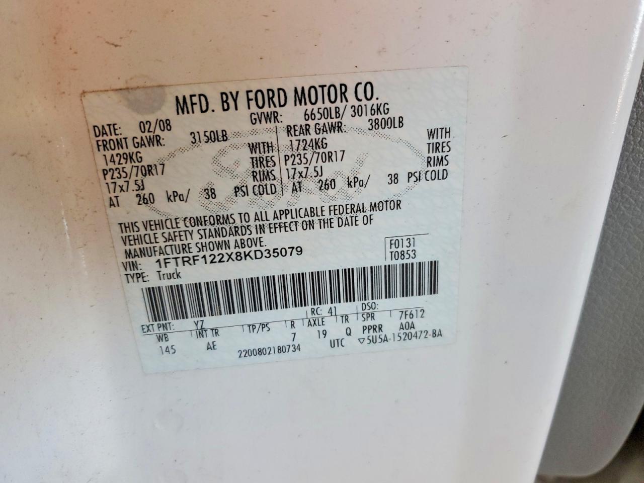 2008 Ford F150 White vin: 1FTRF122X8KD35079