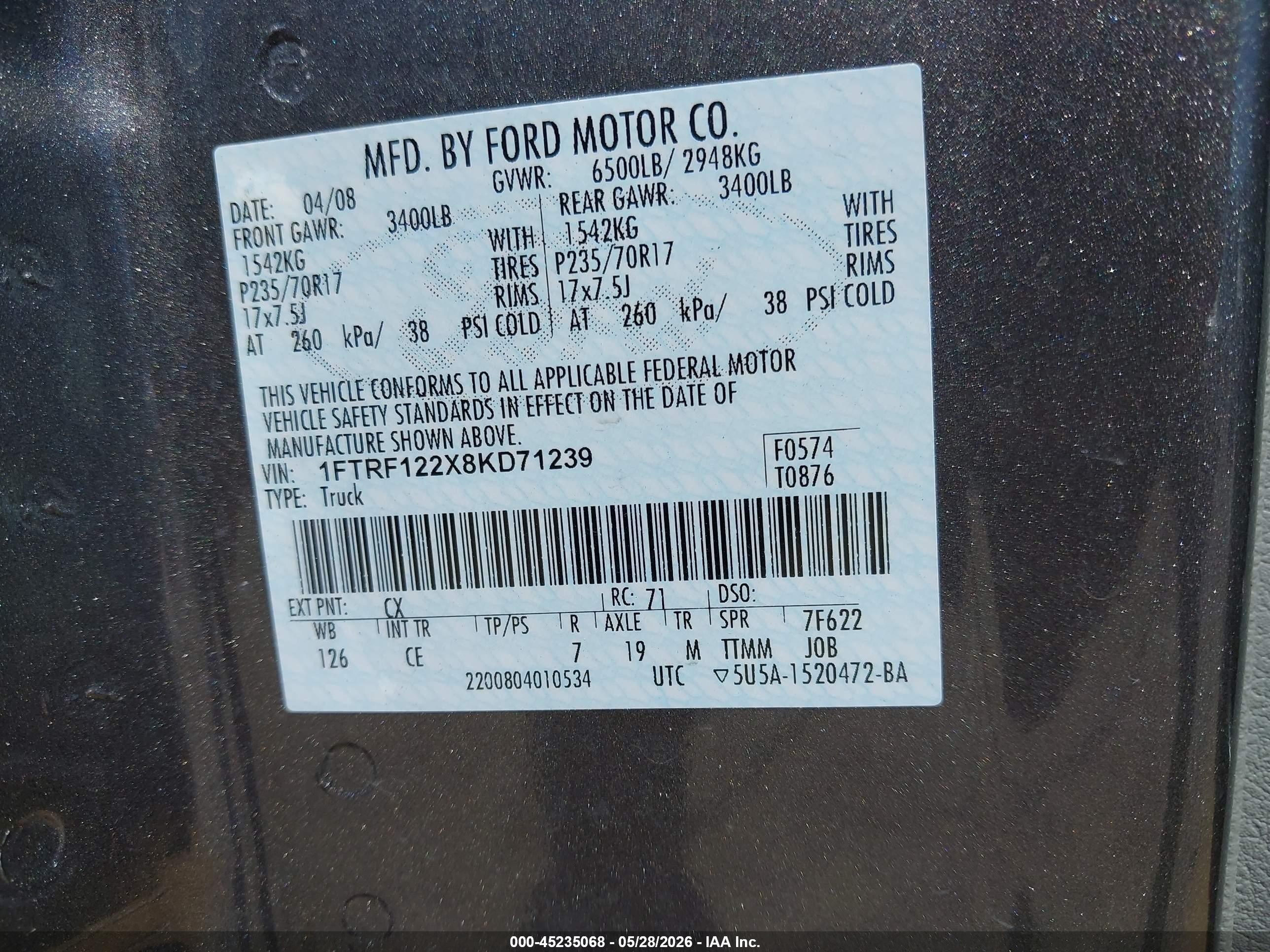 2008 Ford F-150 Stx/xl/xlt Gray vin: 1FTRF122X8KD71239