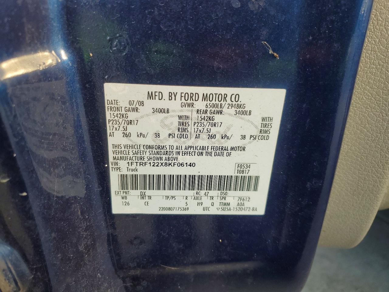 2008 Ford F150 Blue vin: 1FTRF122X8KF06140