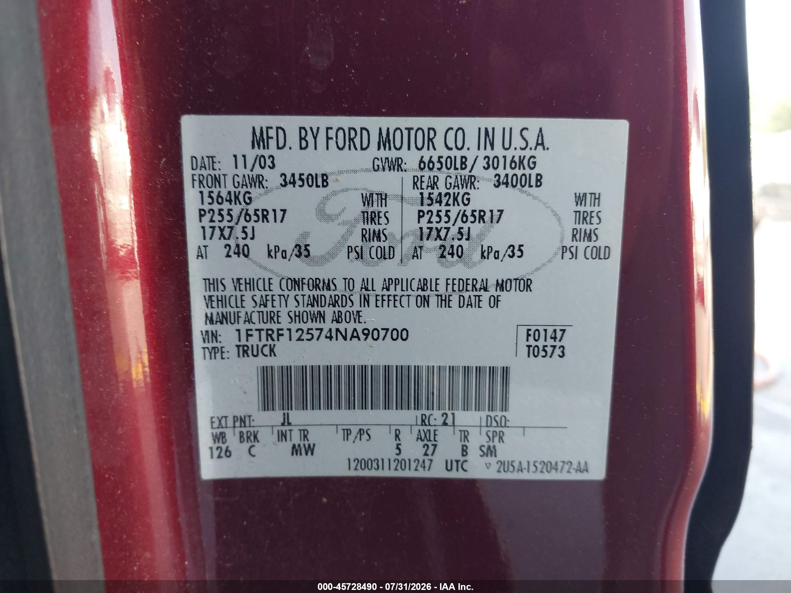 2004 Ford F-150 Xl/xlt Burgundy vin: 1FTRF12574NA90700