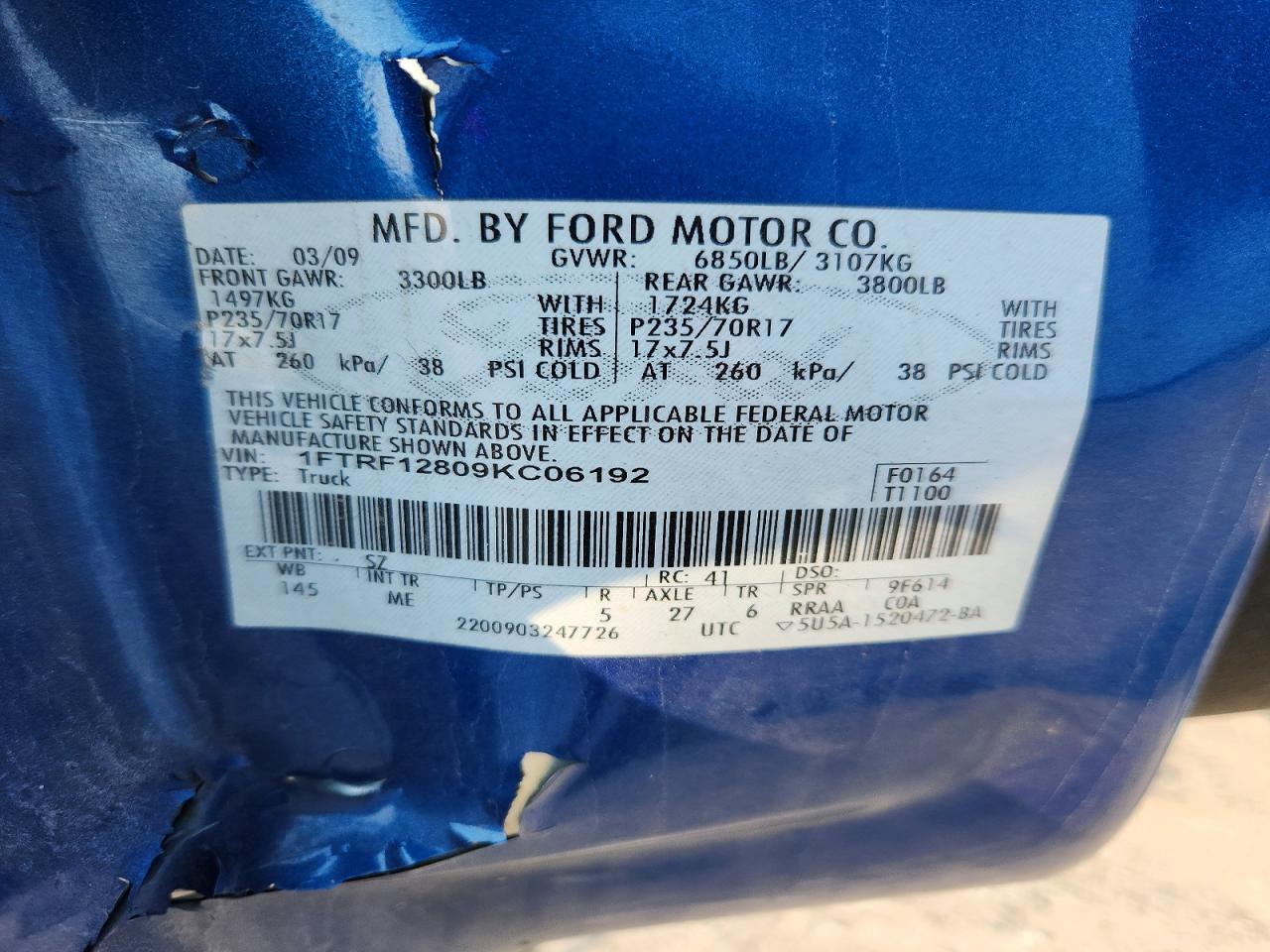 2009 Ford F150 Blue vin: 1FTRF12809KC06192