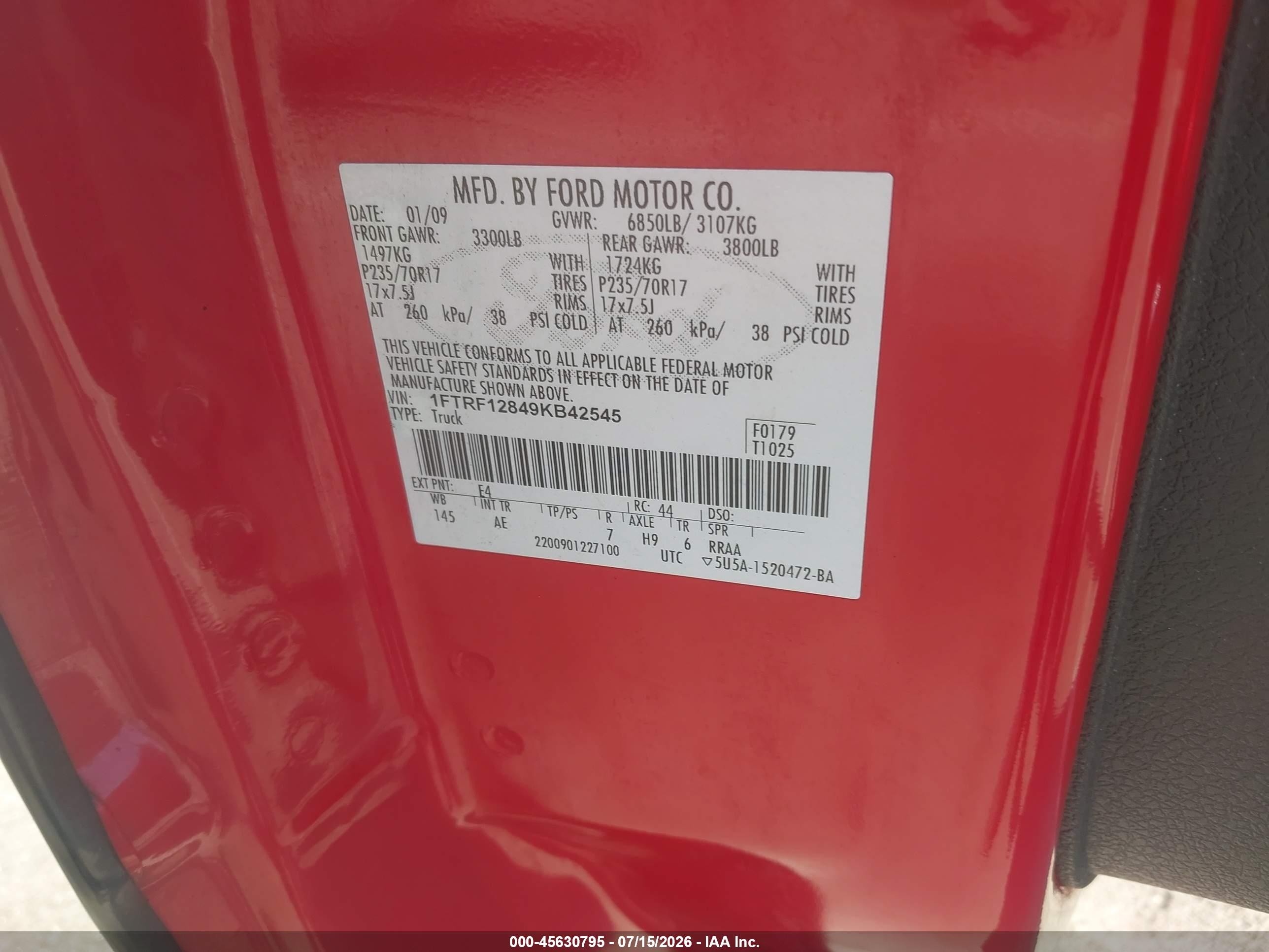 2009 Ford F-150 Xl/xl W/midbox Prep/xlt/xlt W/midbox Prep Red vin: 1FTRF12849KB42545