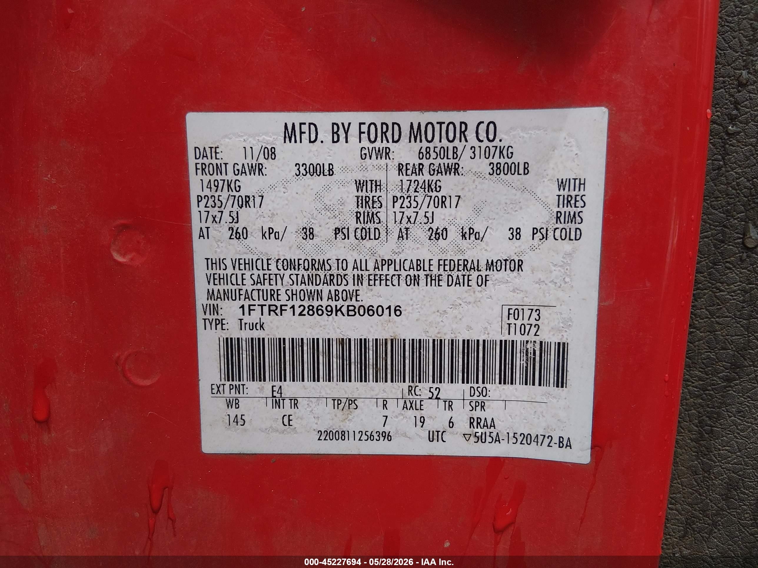 2009 Ford F-150 Xl/xlt Red vin: 1FTRF12869KB06016