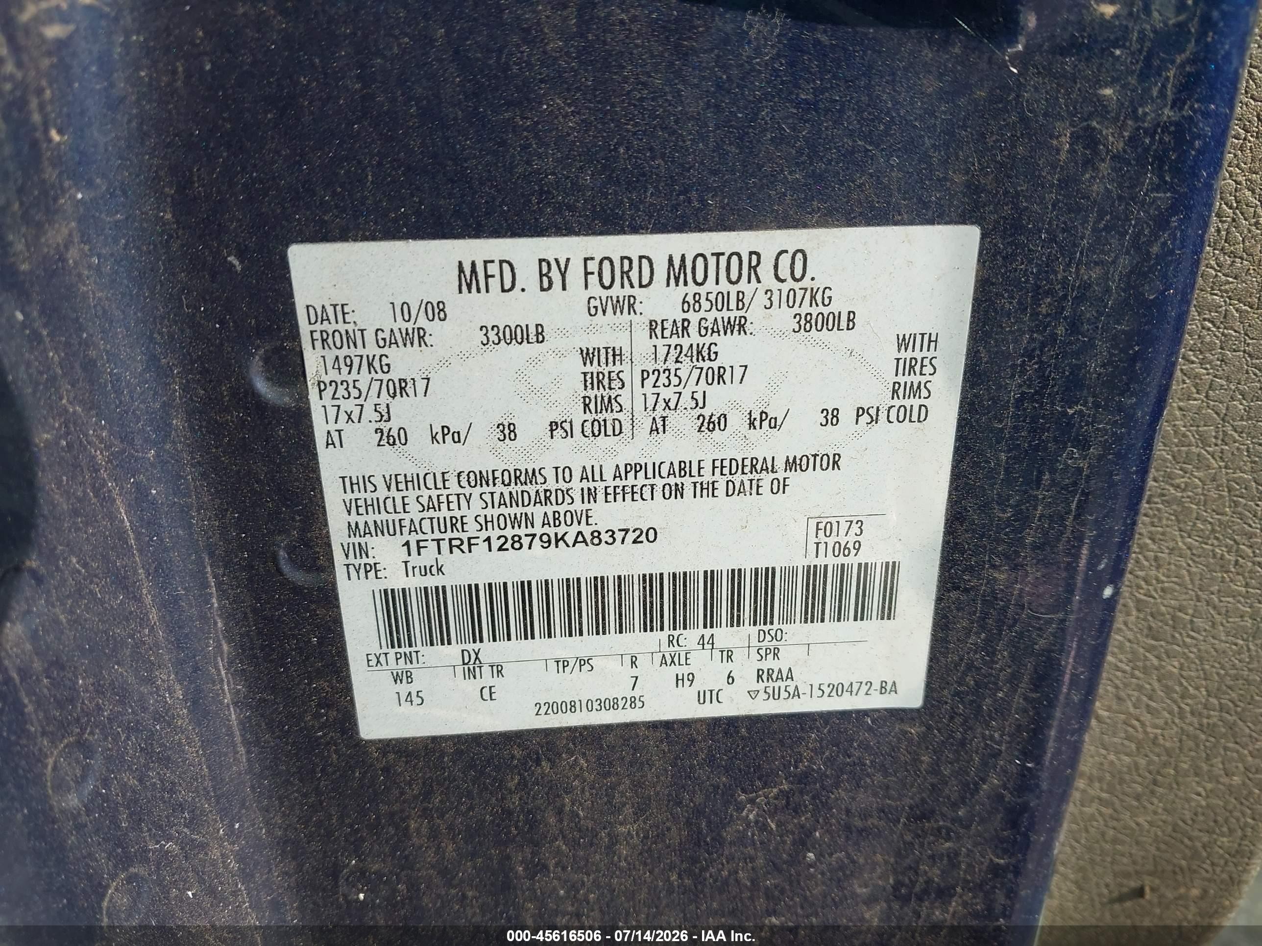 2009 Ford F-150 Xl/xl W/midbox Prep/xlt/xlt W/midbox Prep Blue vin: 1FTRF12879KA83720