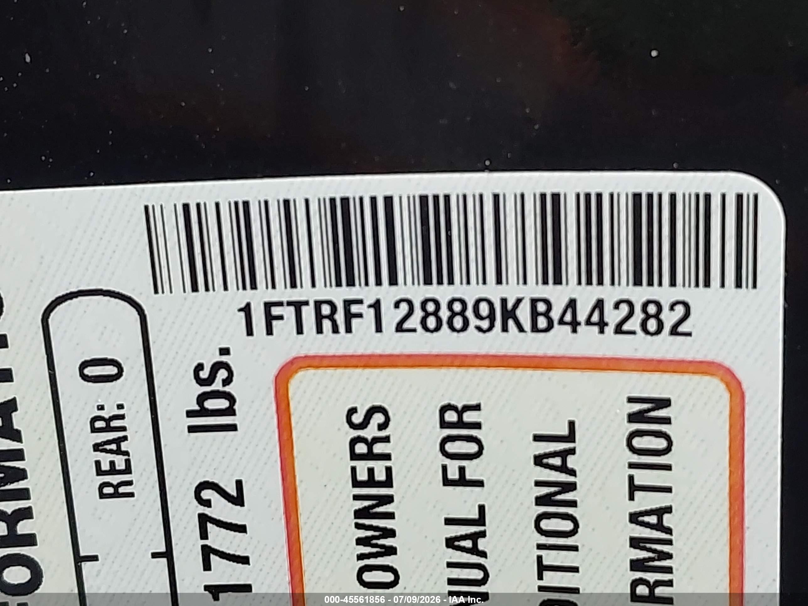 2009 Ford F-150 Xl/xl W/midbox Prep/xlt/xlt W/midbox Prep Черный vin: 1FTRF12889KB44282