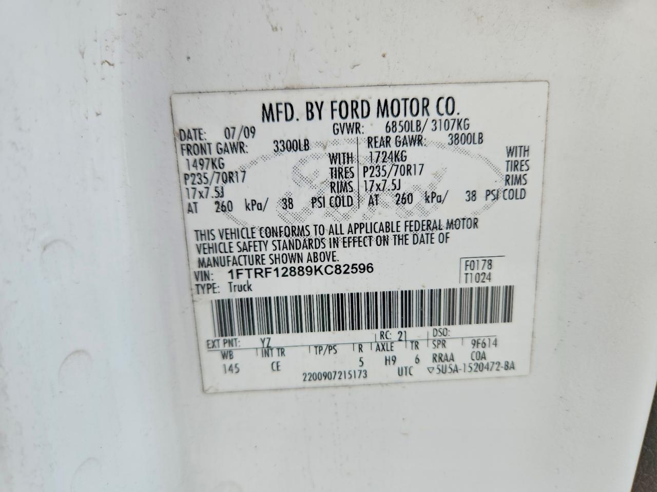 2009 Ford F150 Белый vin: 1FTRF12889KC82596