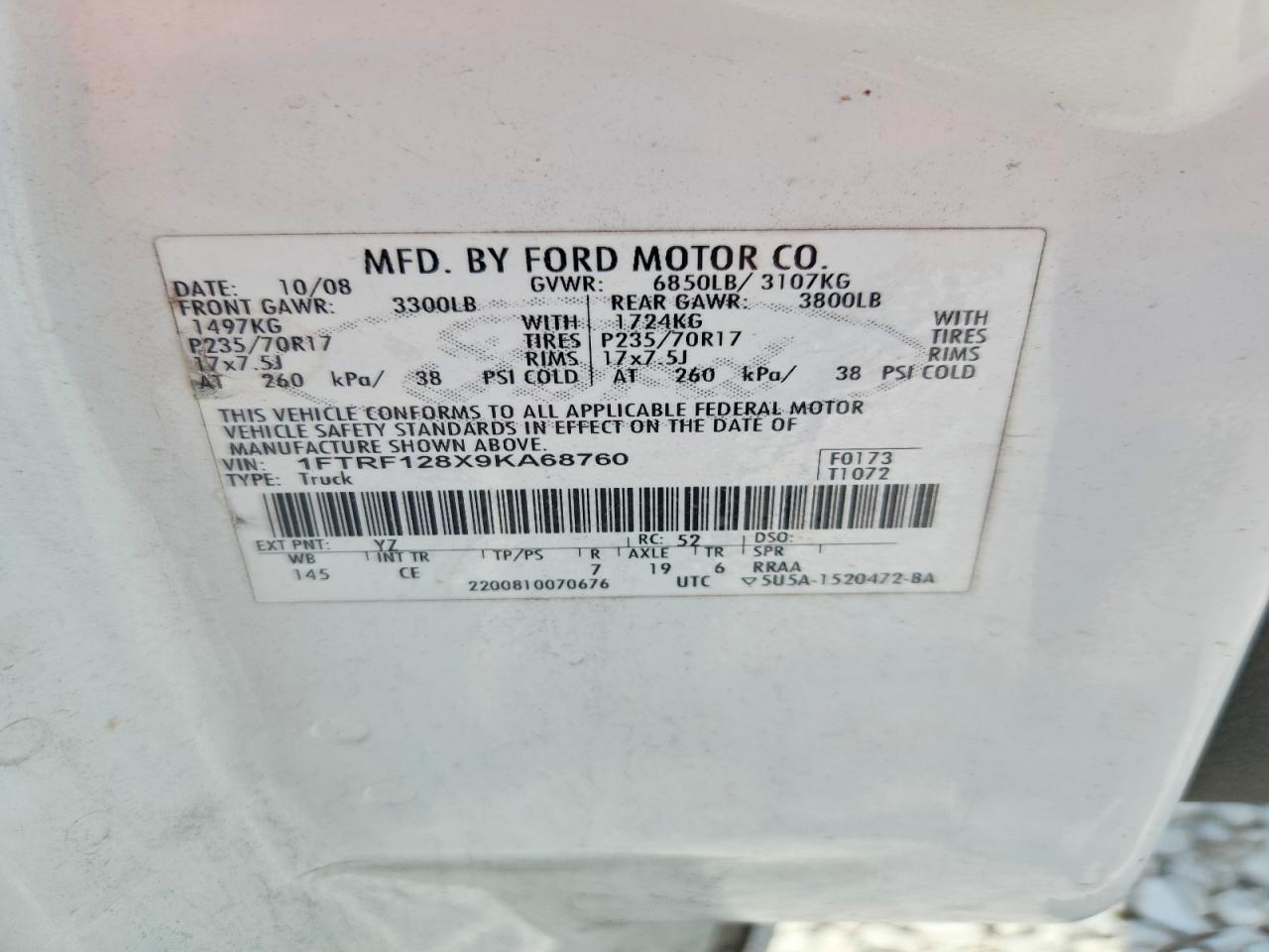 2009 Ford F150 White vin: 1FTRF128X9KA68760