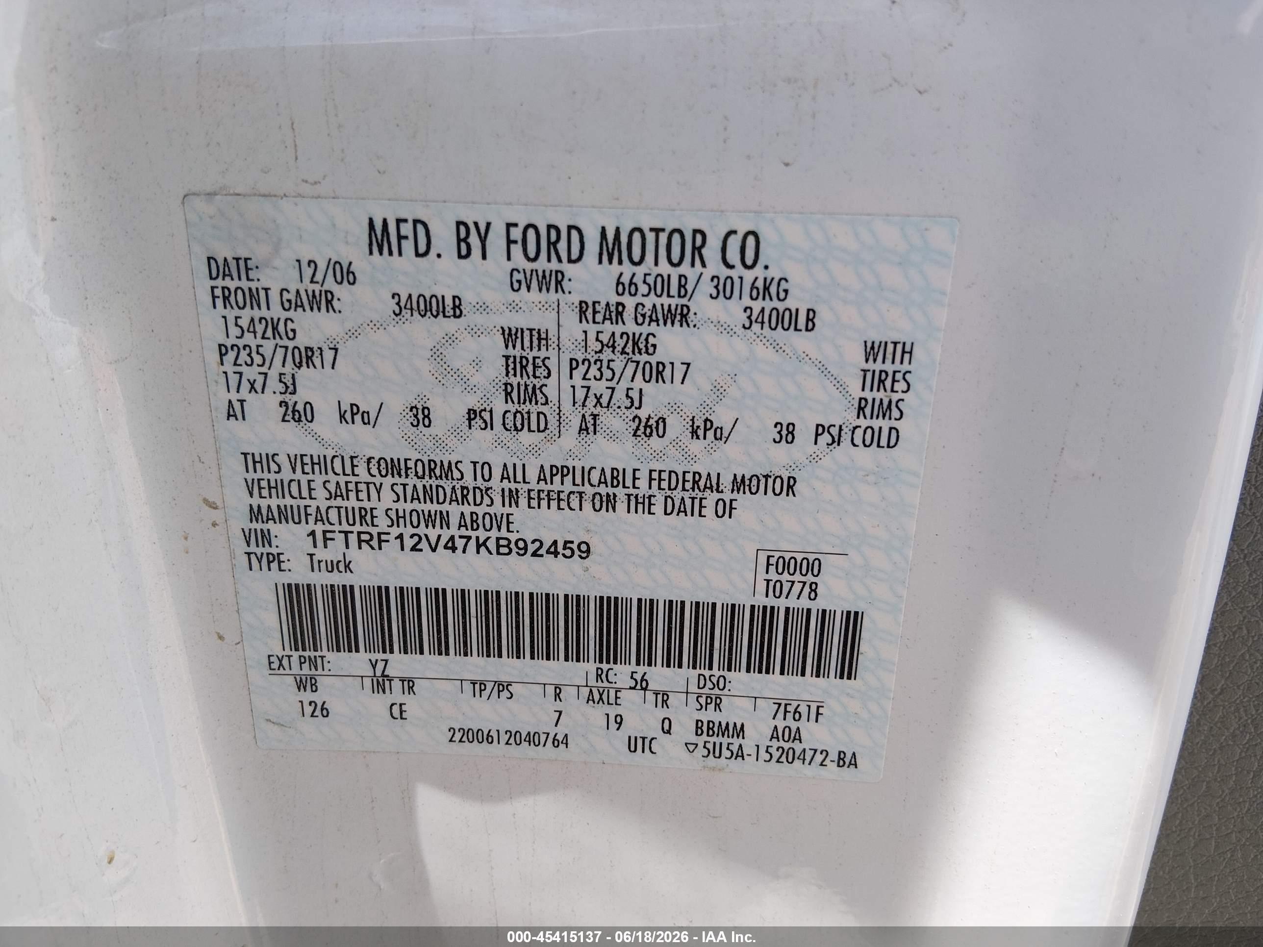 2007 Ford F-150 Stx/xl/xlt White vin: 1FTRF12V47KB92459
