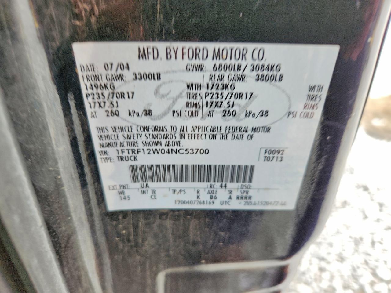 2004 Ford F150 Black vin: 1FTRF12W04NC53700