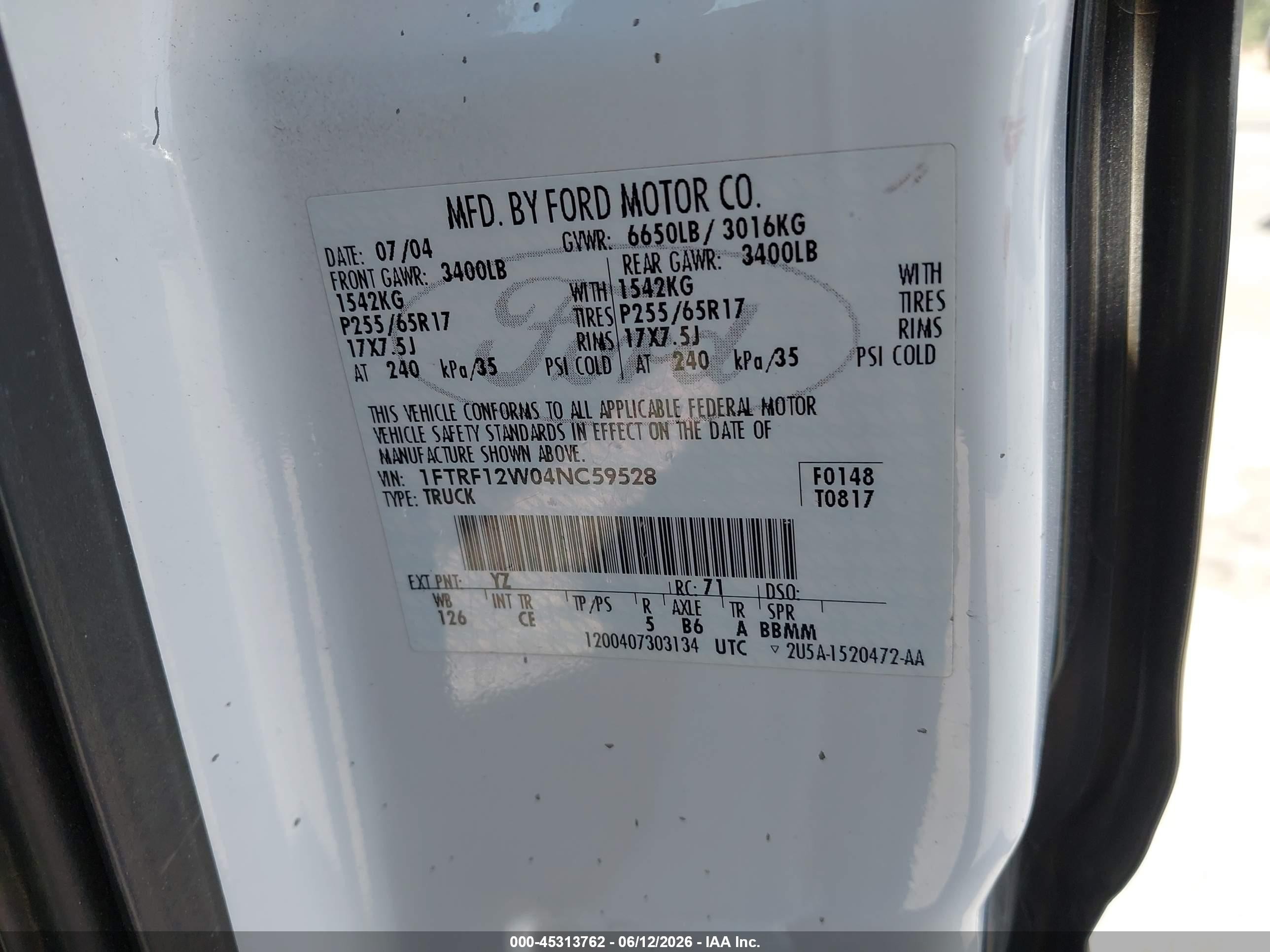 2004 Ford F-150 Stx/xl/xlt White vin: 1FTRF12W04NC59528
