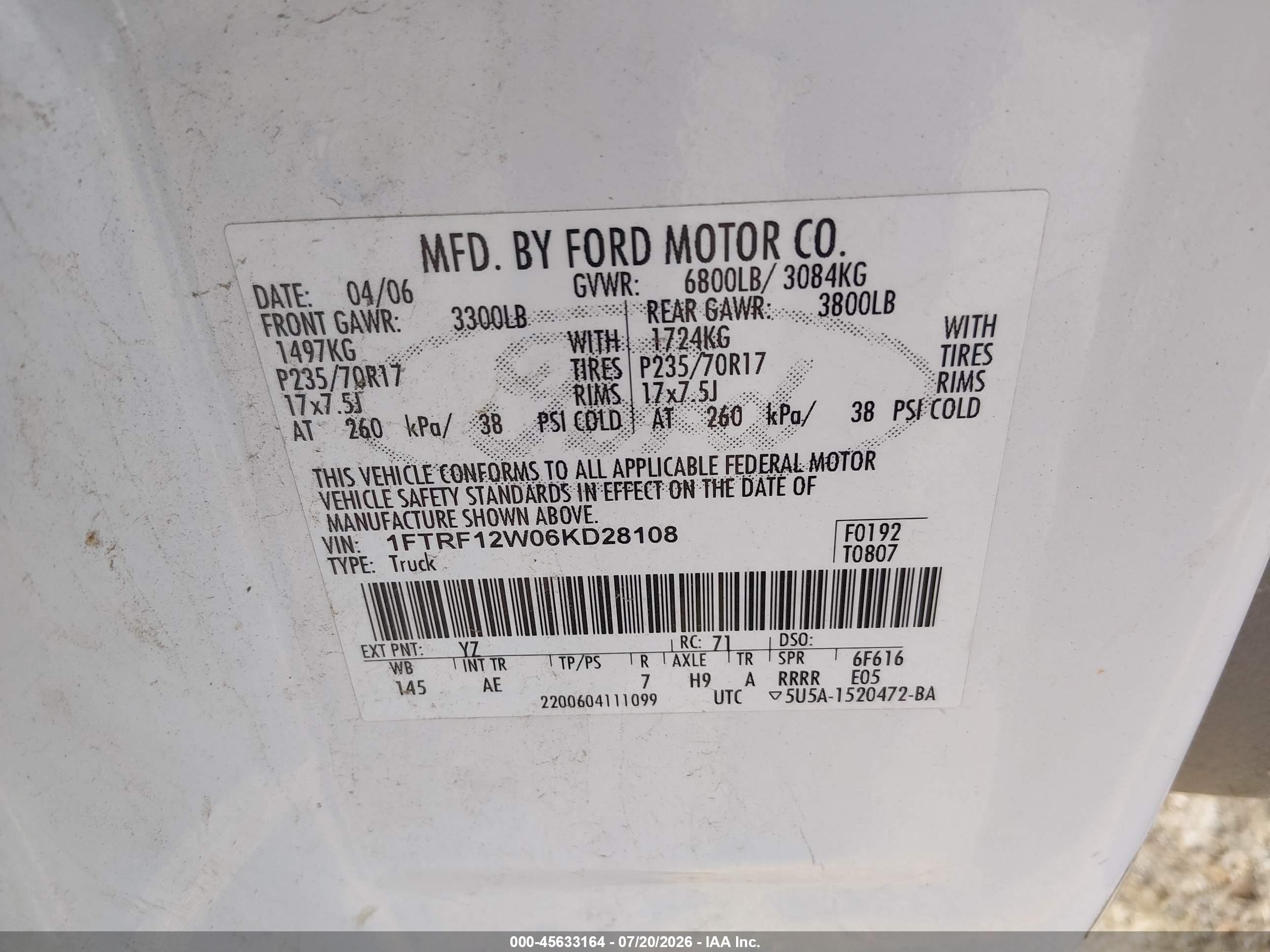 2006 Ford F-150 Stx/xl/xlt White vin: 1FTRF12W06KD28108