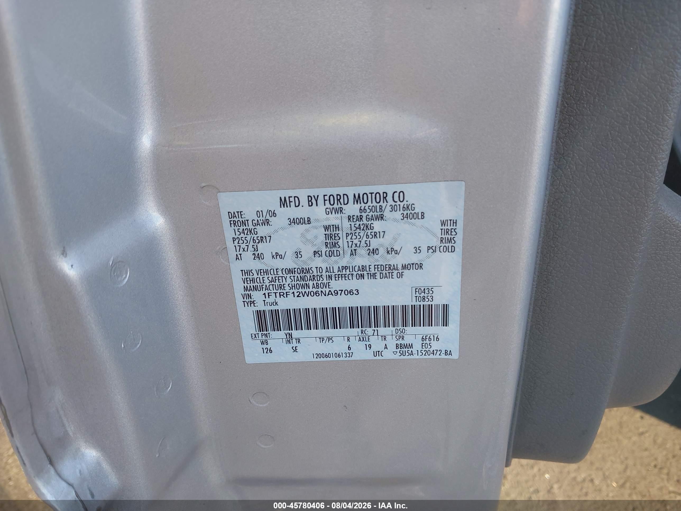 2006 Ford F-150 Stx/xl/xlt Silver vin: 1FTRF12W06NA97063