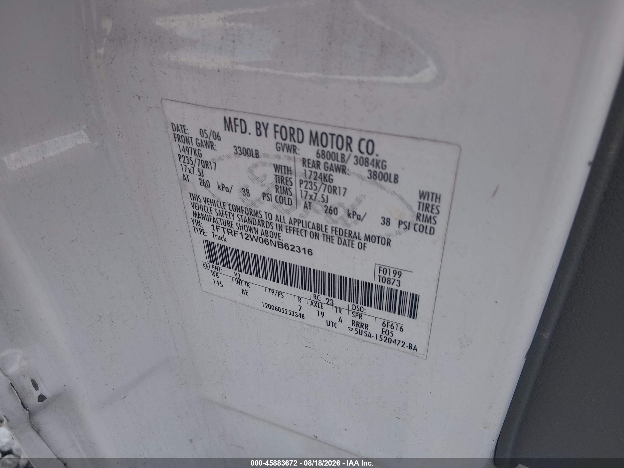 2006 Ford F-150 Stx/xl/xlt White vin: 1FTRF12W06NB62316